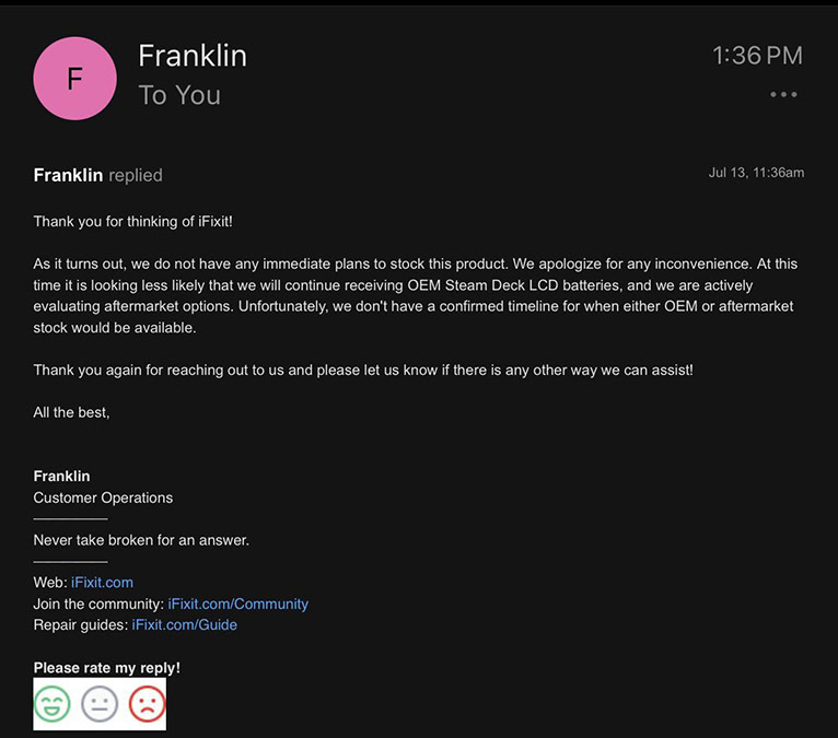 ifixit email response steam deck lcd battery replacement parts shortage ifixit email response steam deck lcd battery replacement parts shortage