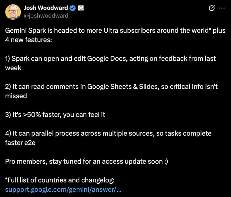 josh woodward gemini spark new features x post josh woodward gemini spark new features x post