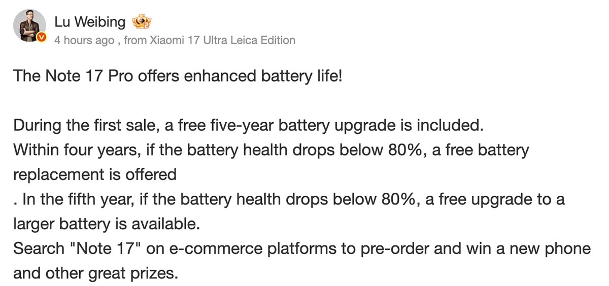 lu weibing weibo post redmi note 17 pro free battery replacement program lu weibing weibo post redmi note 17 pro free battery replacement program