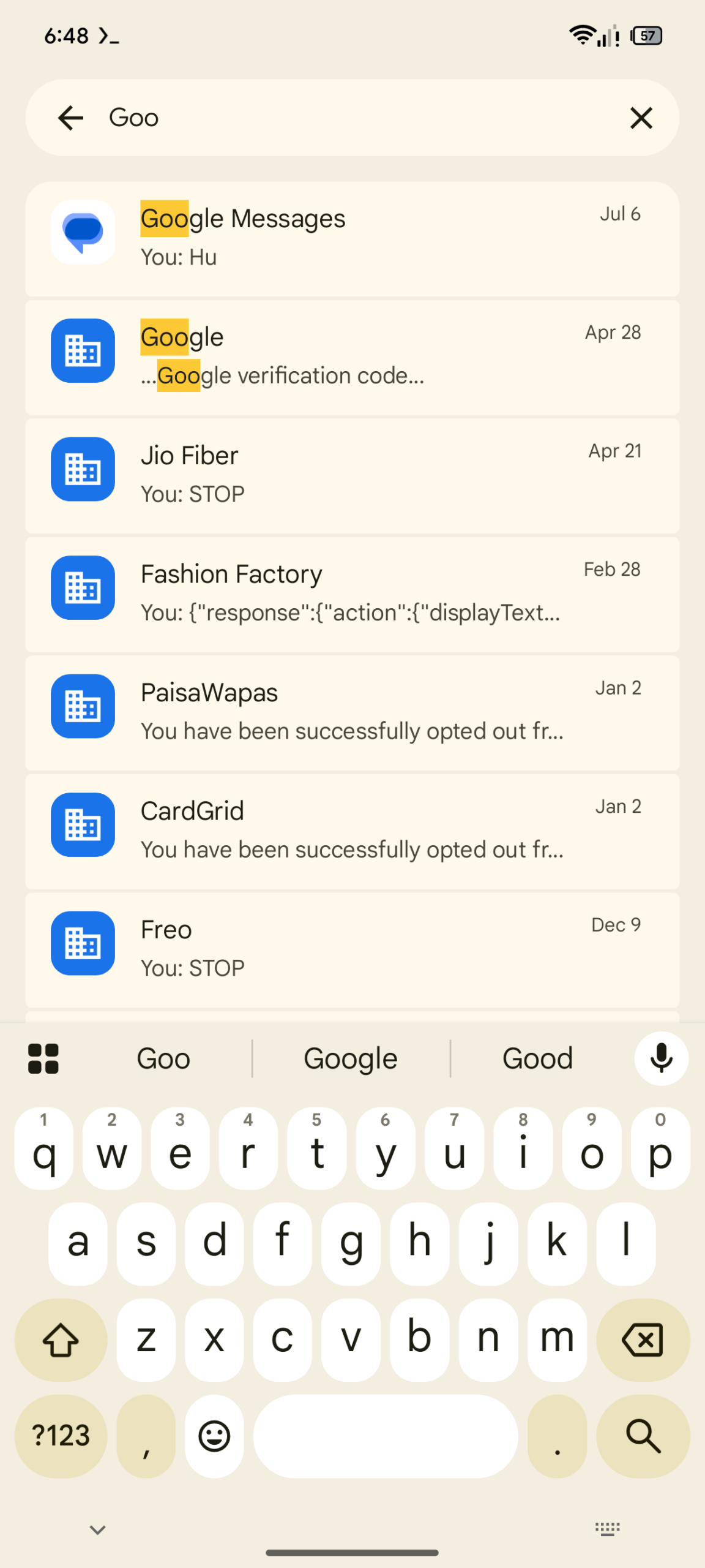 messages search results current