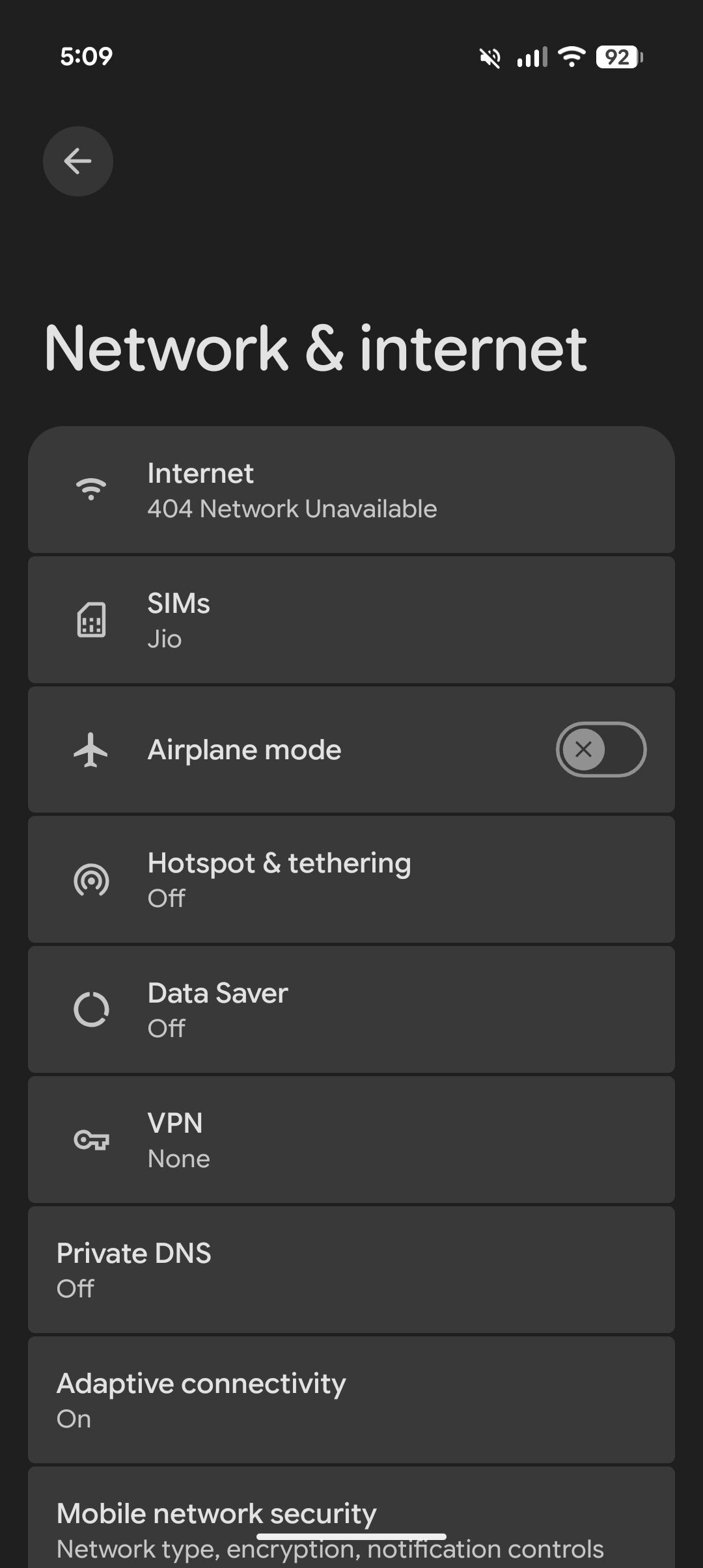 Android settings screen under the Network & internet menu showing options for Internet, SIMs, Airplane mode, and Data Saver