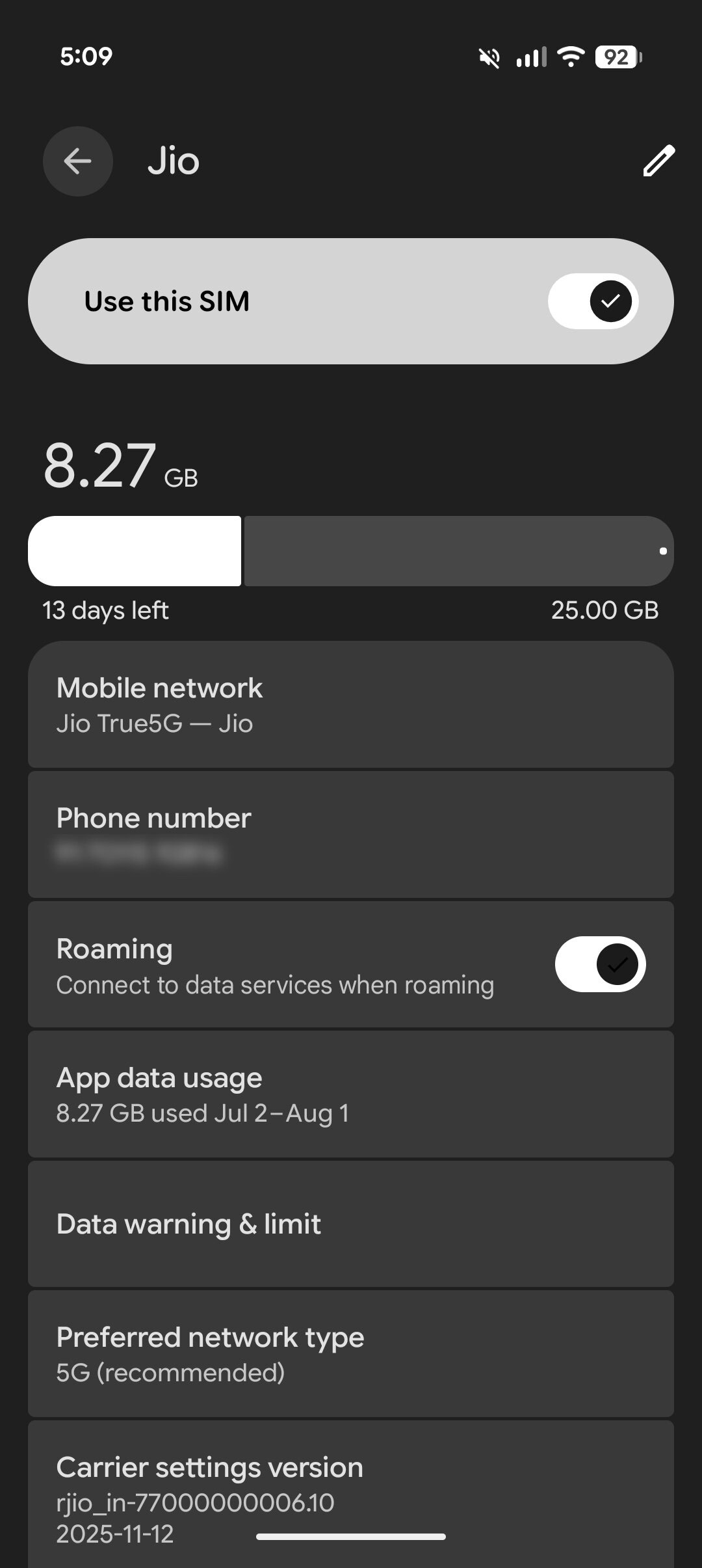 Cellular provider management screen for a Jio SIM card displaying current data consumption, roaming toggle, and a link to Data warning & limit