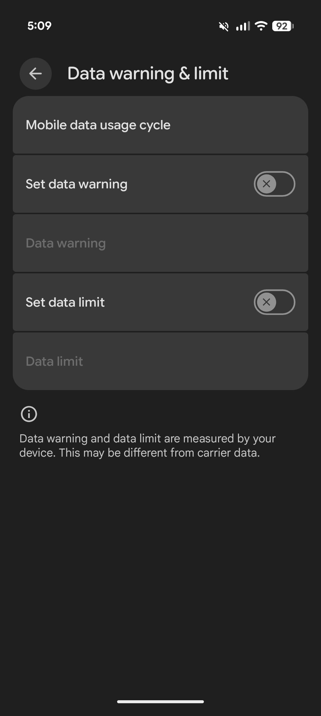 The Data warning & limit settings screen on a smartphone showing the data warning and data limit switches toggled off