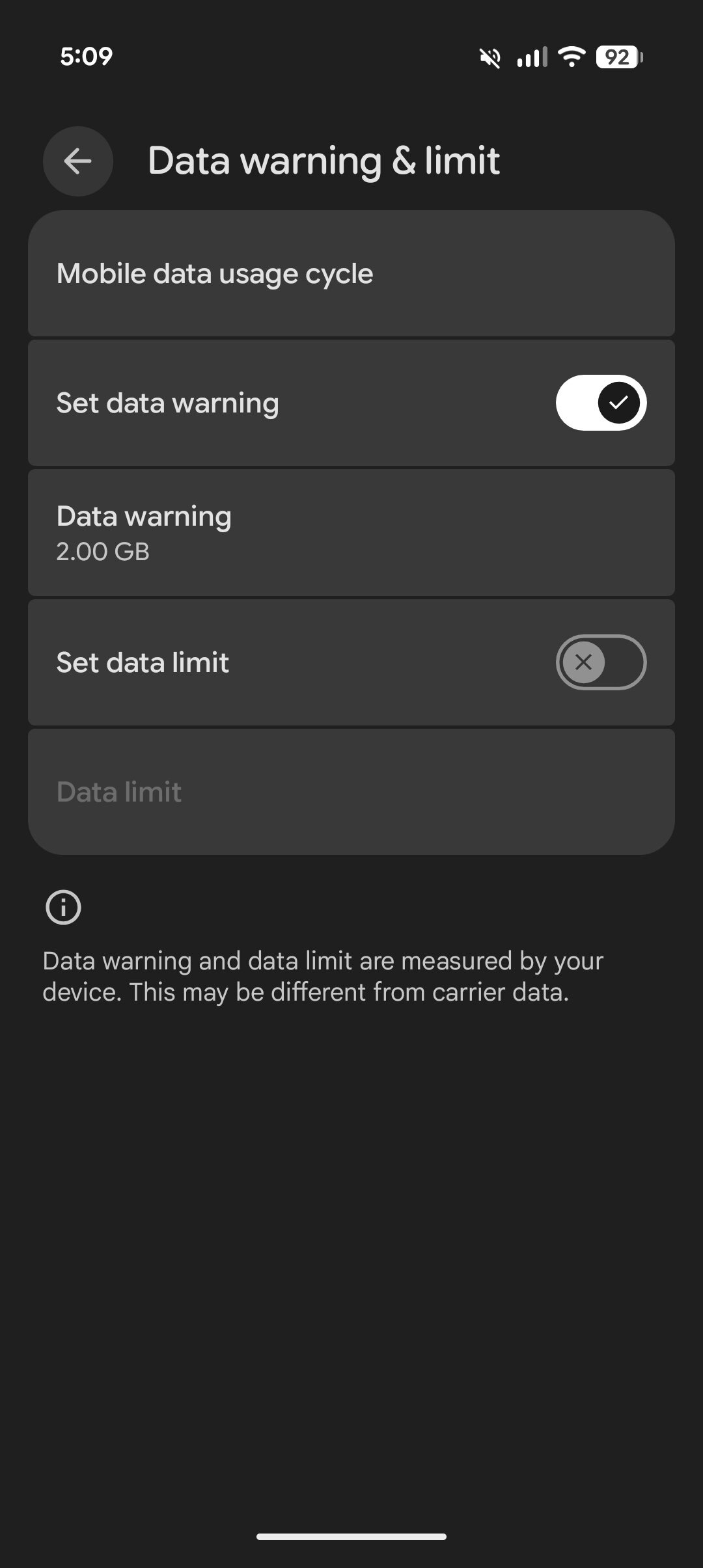 The Data warning & limit settings menu with the "Set data warning" toggle turned on, displaying a preset value of 2.00 GB