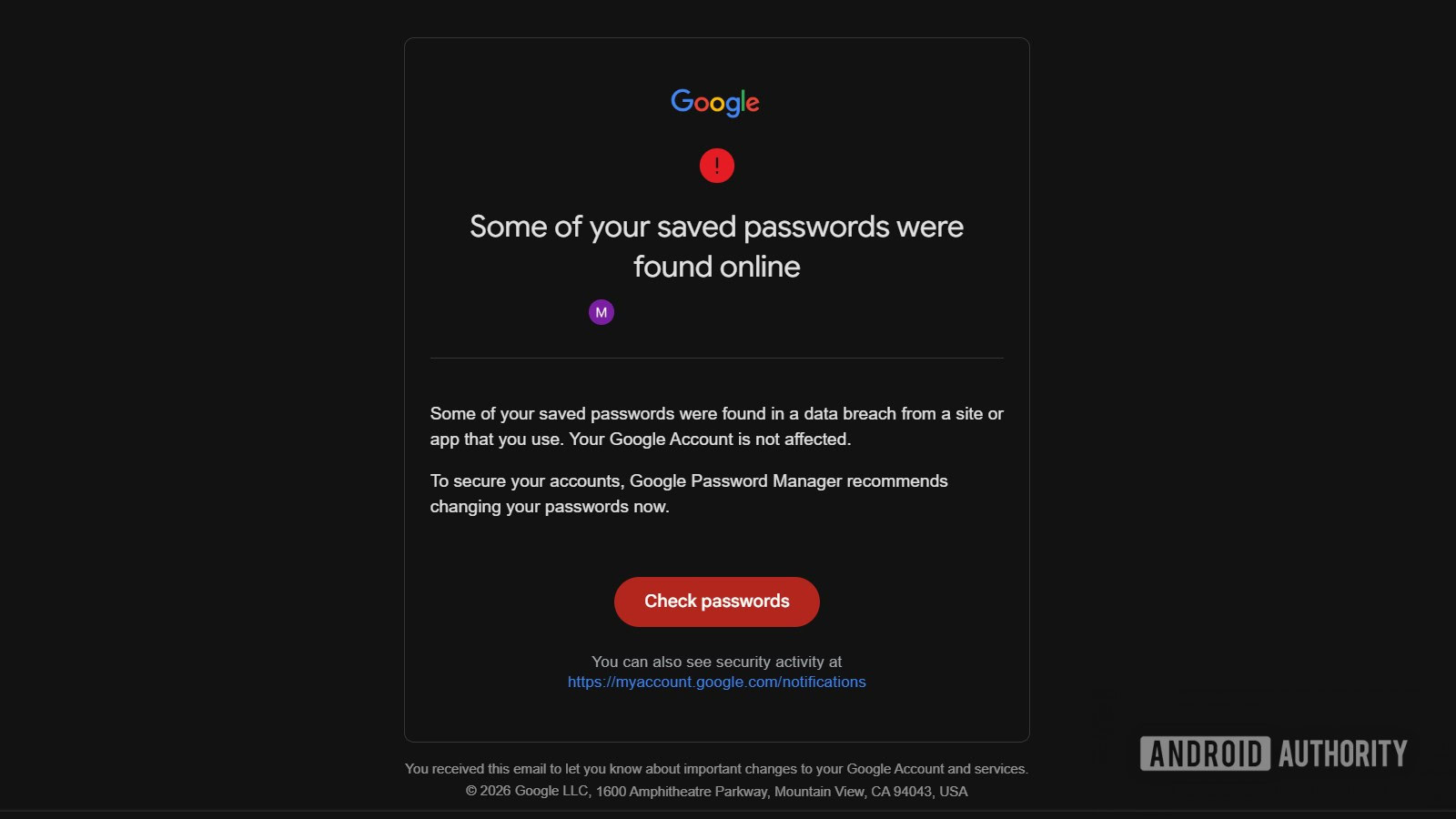 notification of password leak from google