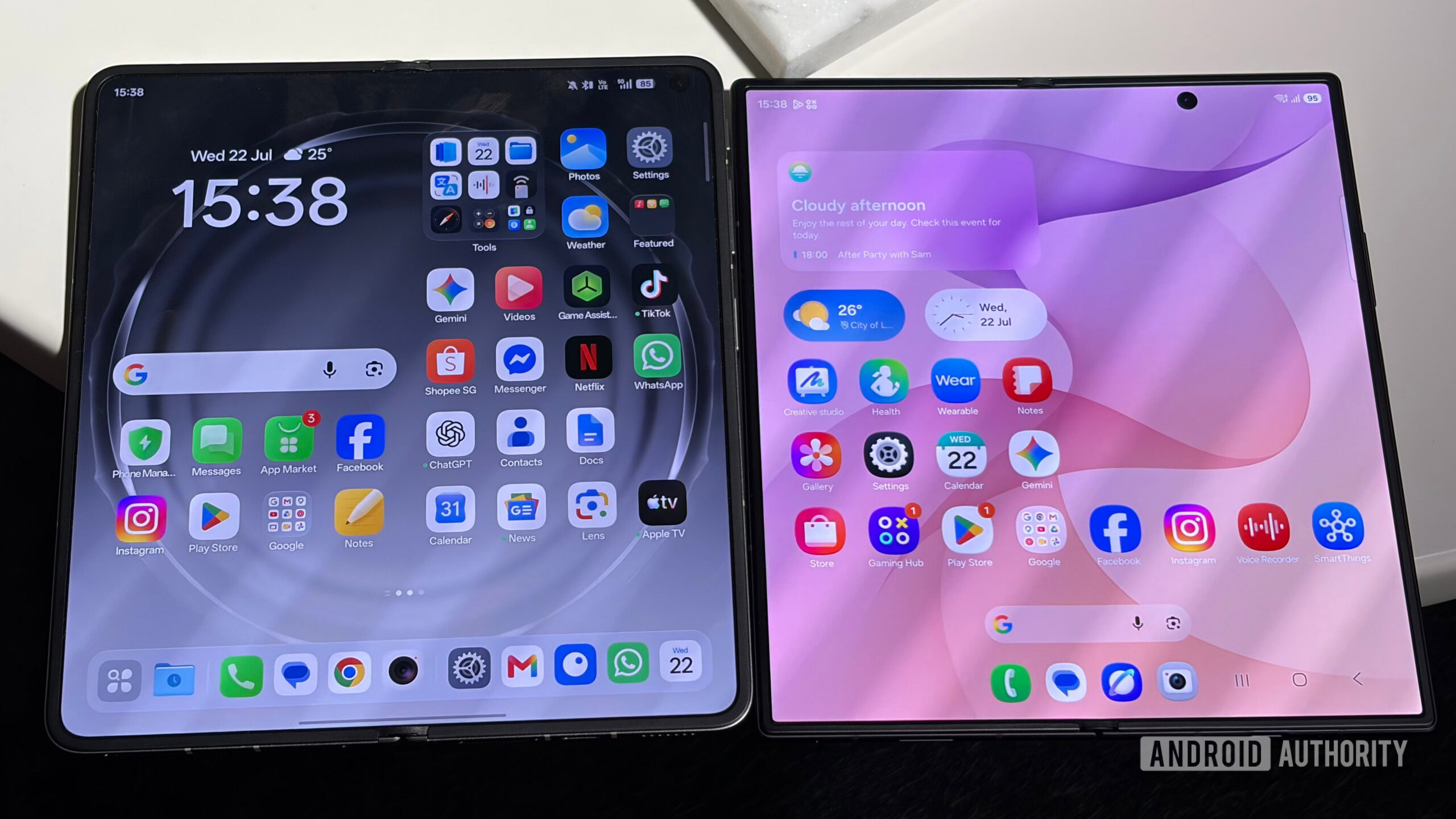Find OPPO N6 and Samsung Galaxy Z Fold 8 Ultra side by side with their screens on.