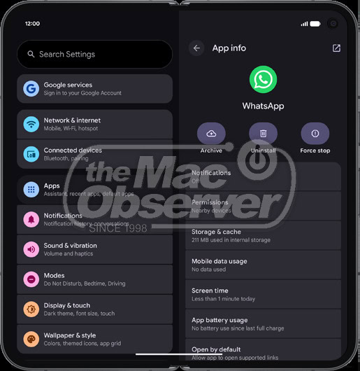 pixel 11 pro fold settings app info whatsapp