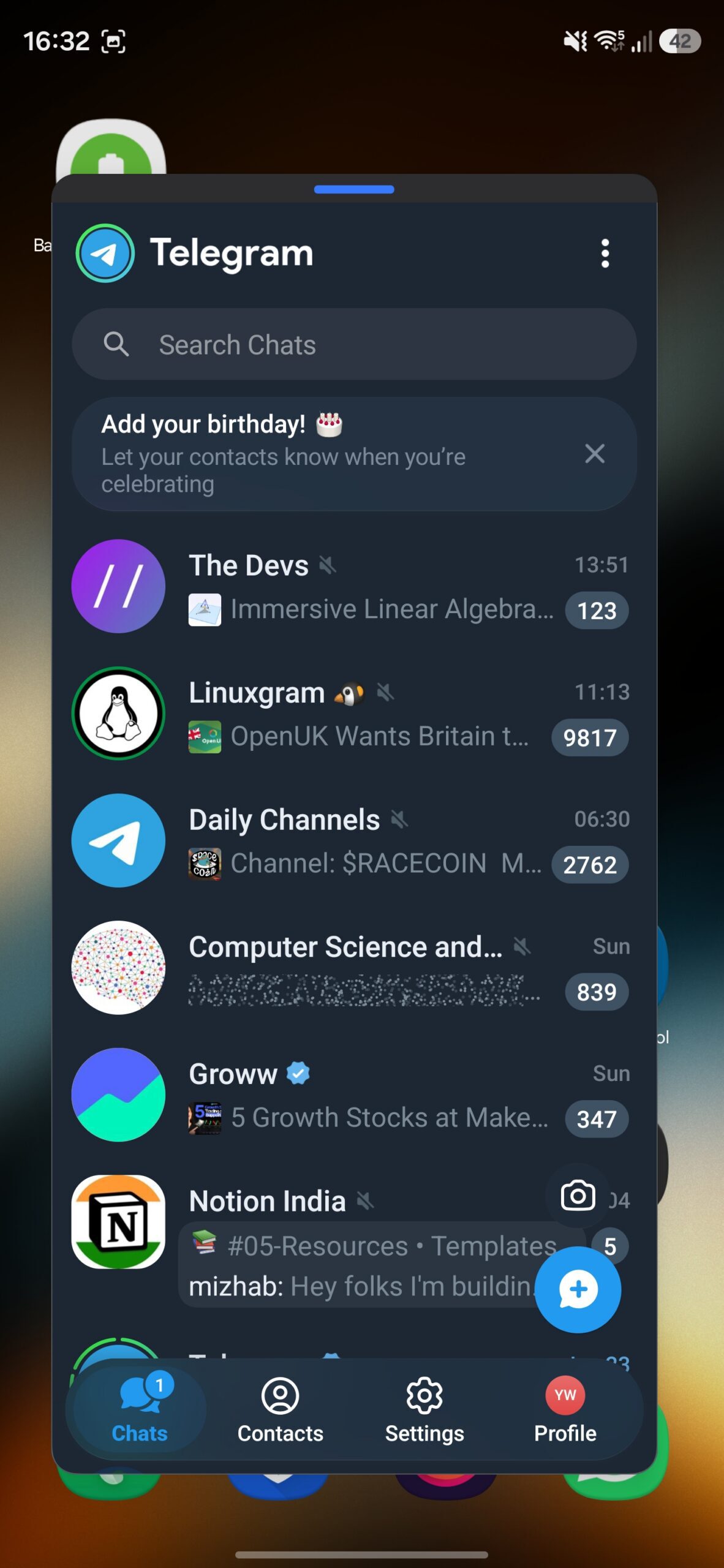 Telegram app opened in Pop-Up View on a Galaxy phone.