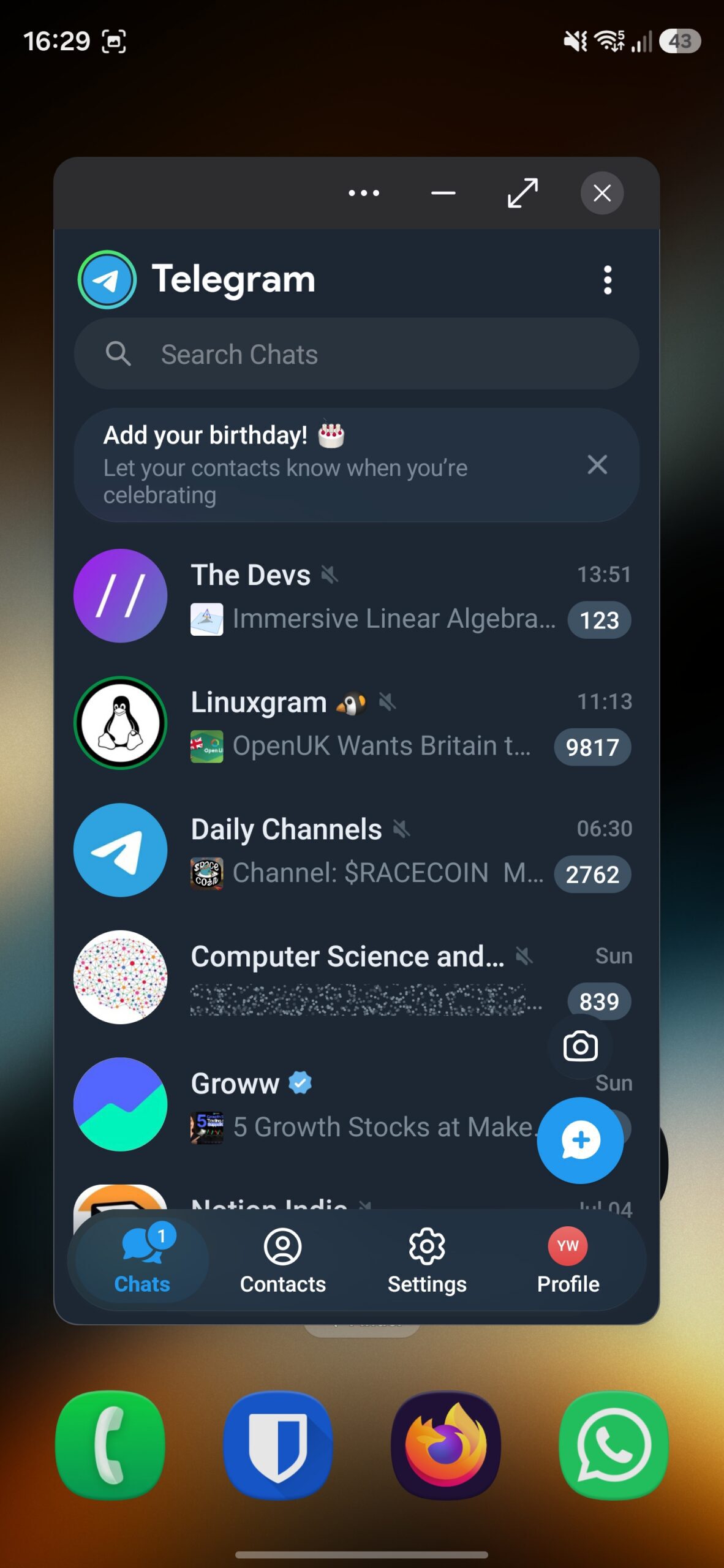 Telegram app open in Pop-Up View on a Galaxy phone.