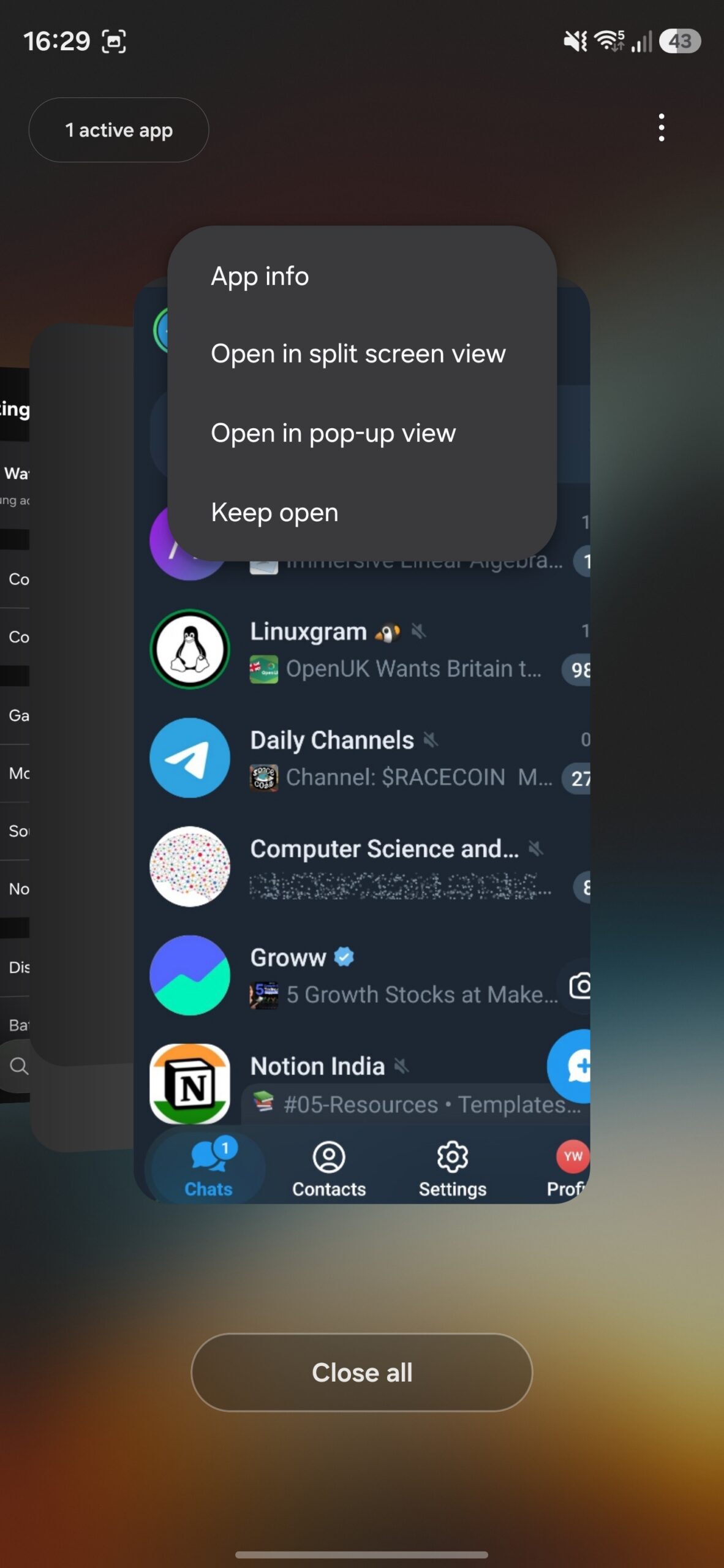 Accessing Split-Screen View option for Telegram from the Recents menu.