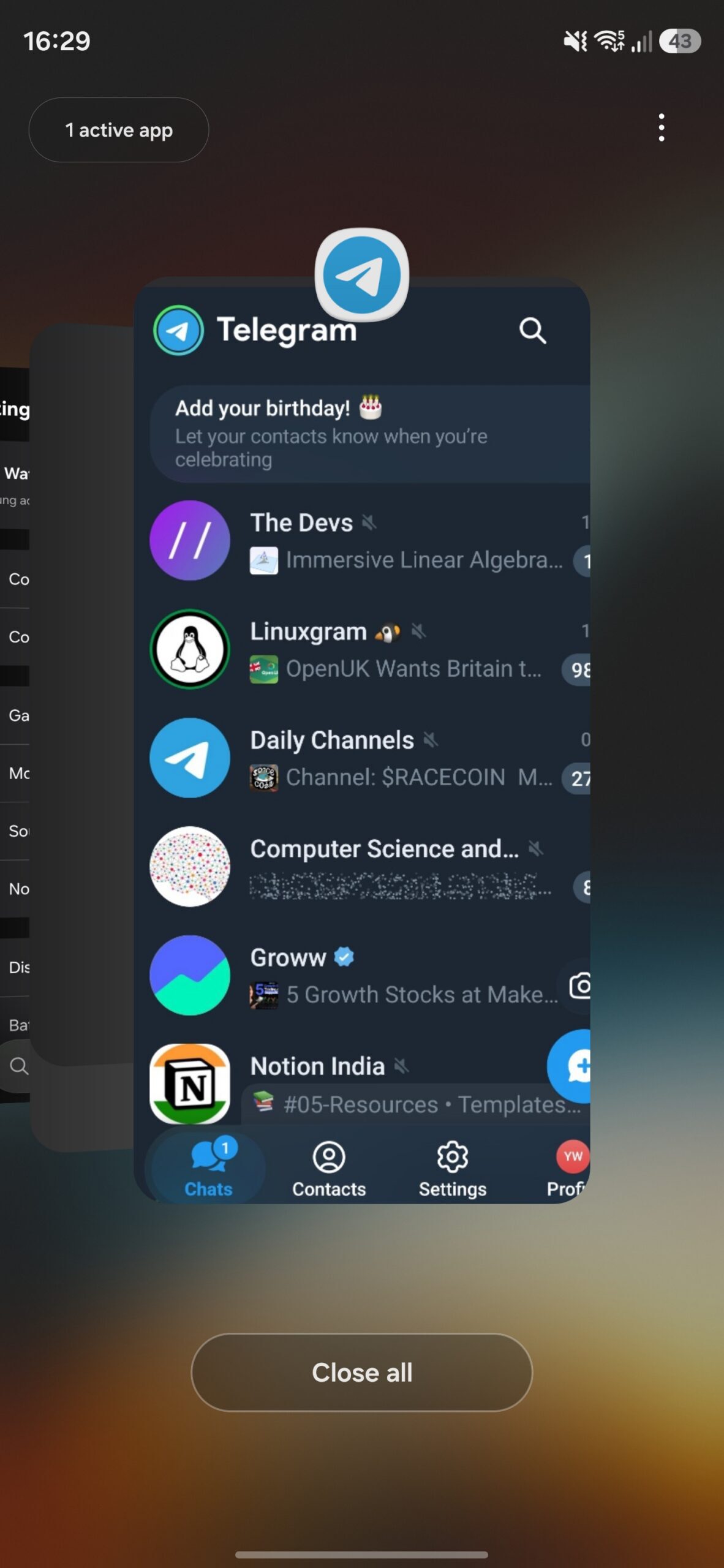 Telegram app in Recents menu on a Galaxy phone.