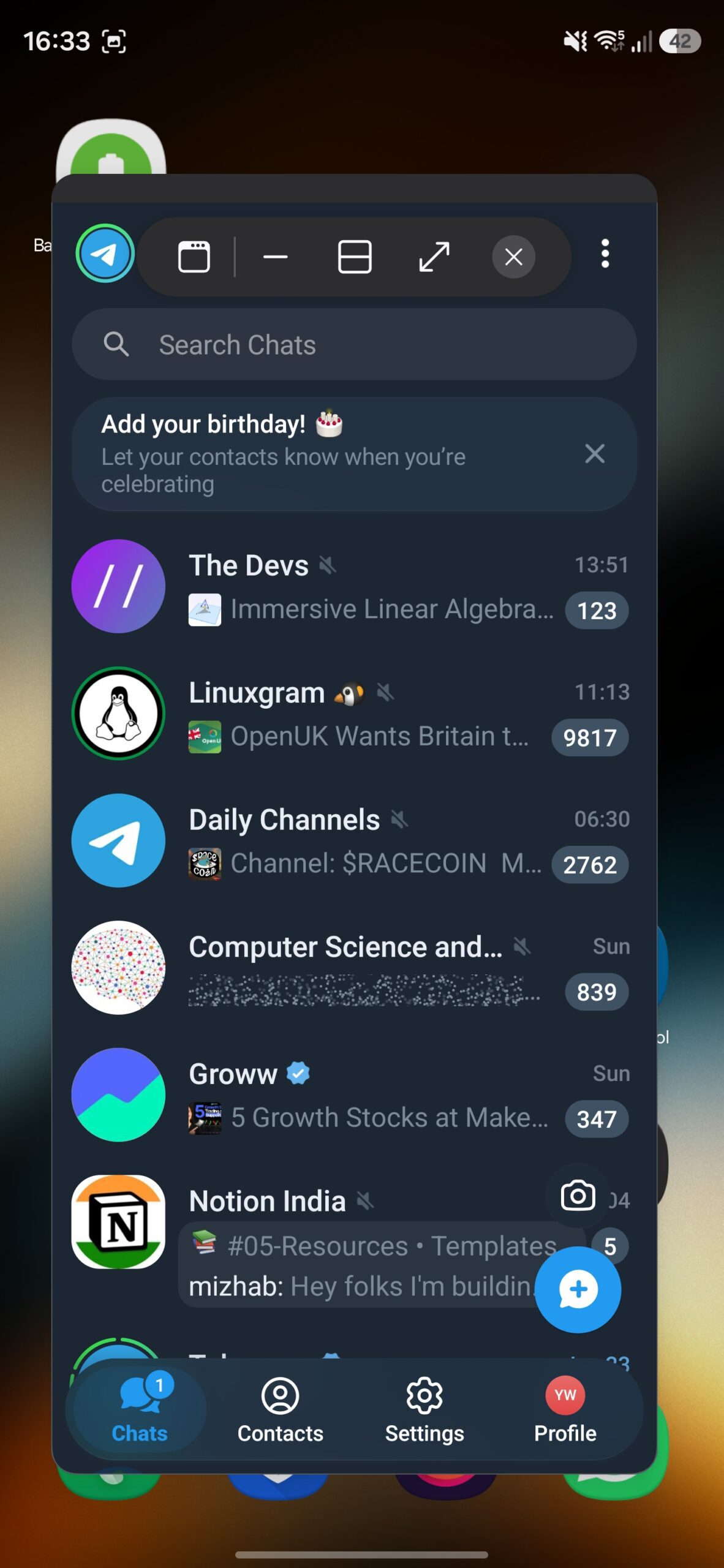 Pop-Up View window on a Galaxy phone with controls revealed.