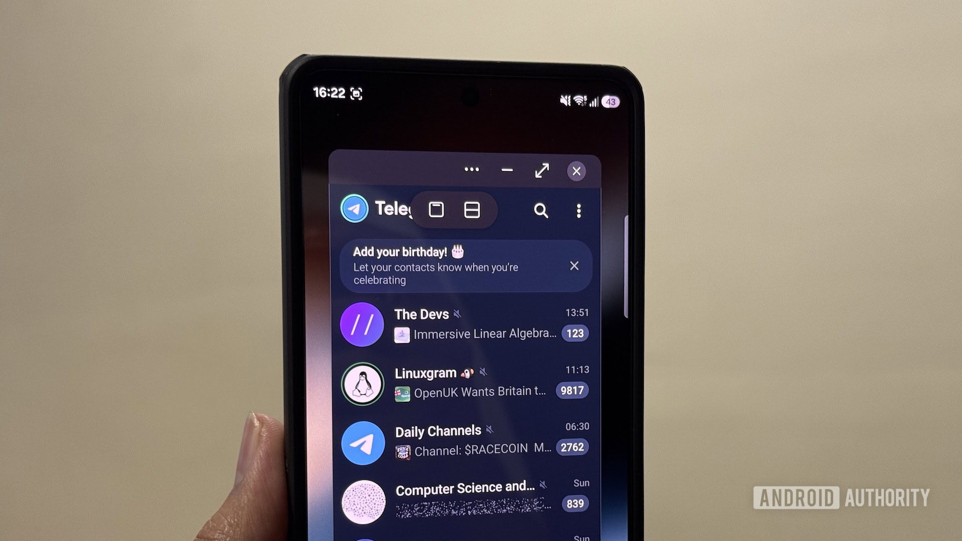 samsung galaxy pop up view multitasking feature 17 Telegram app open in Pop-Up View on a Samsung Galaxy S26 Ultra.