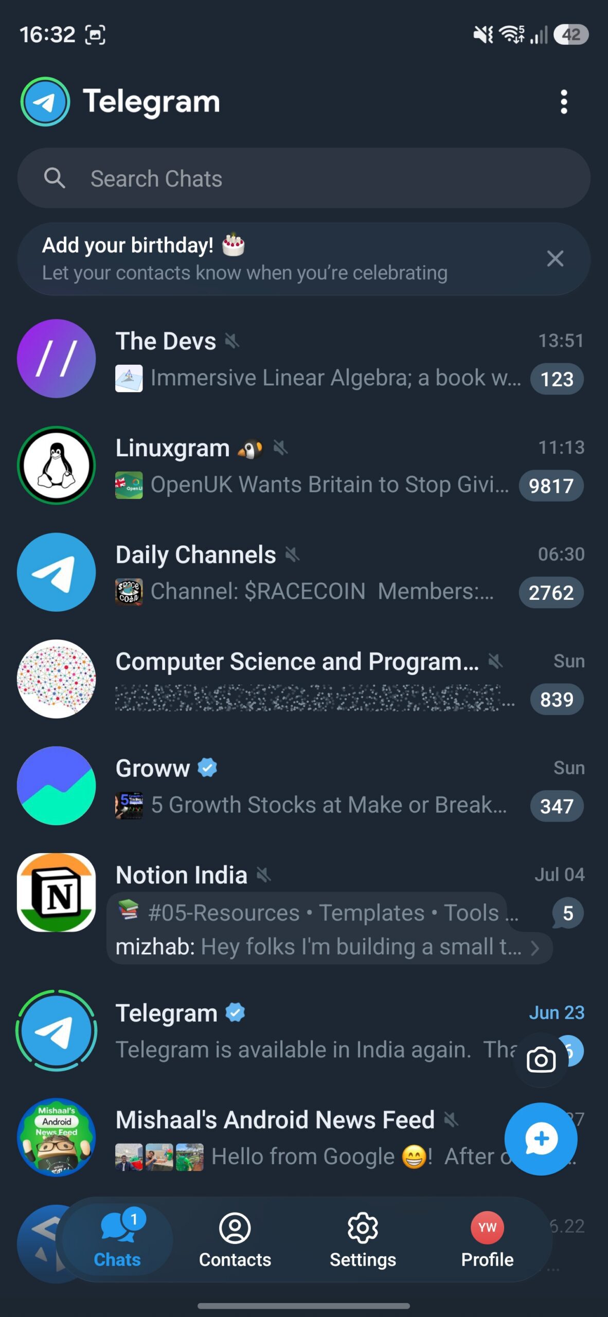 Telegram app open in full-screen view on a Galaxy phone.