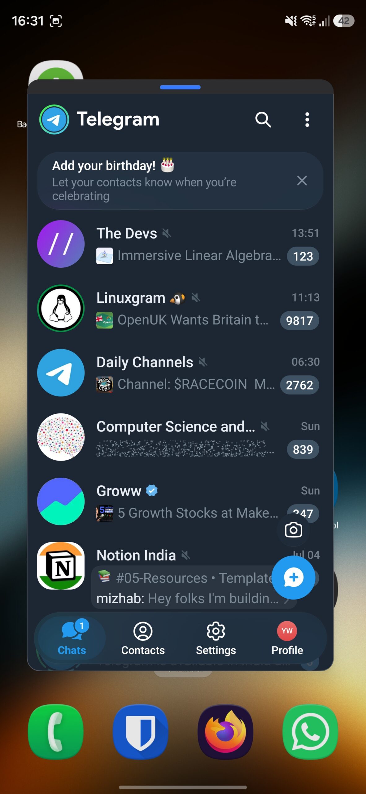 Telegram app opened in Pop-Up View on a Galaxy phone.