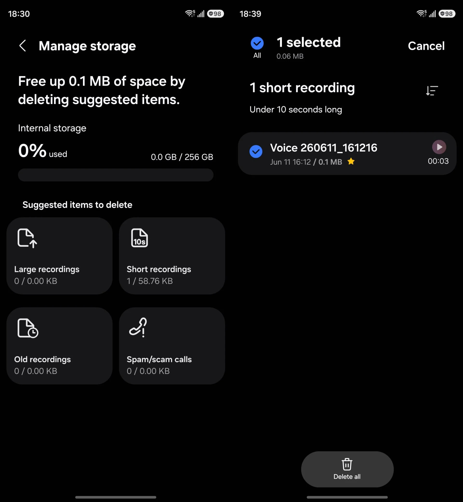 samsung voice recorder storage management