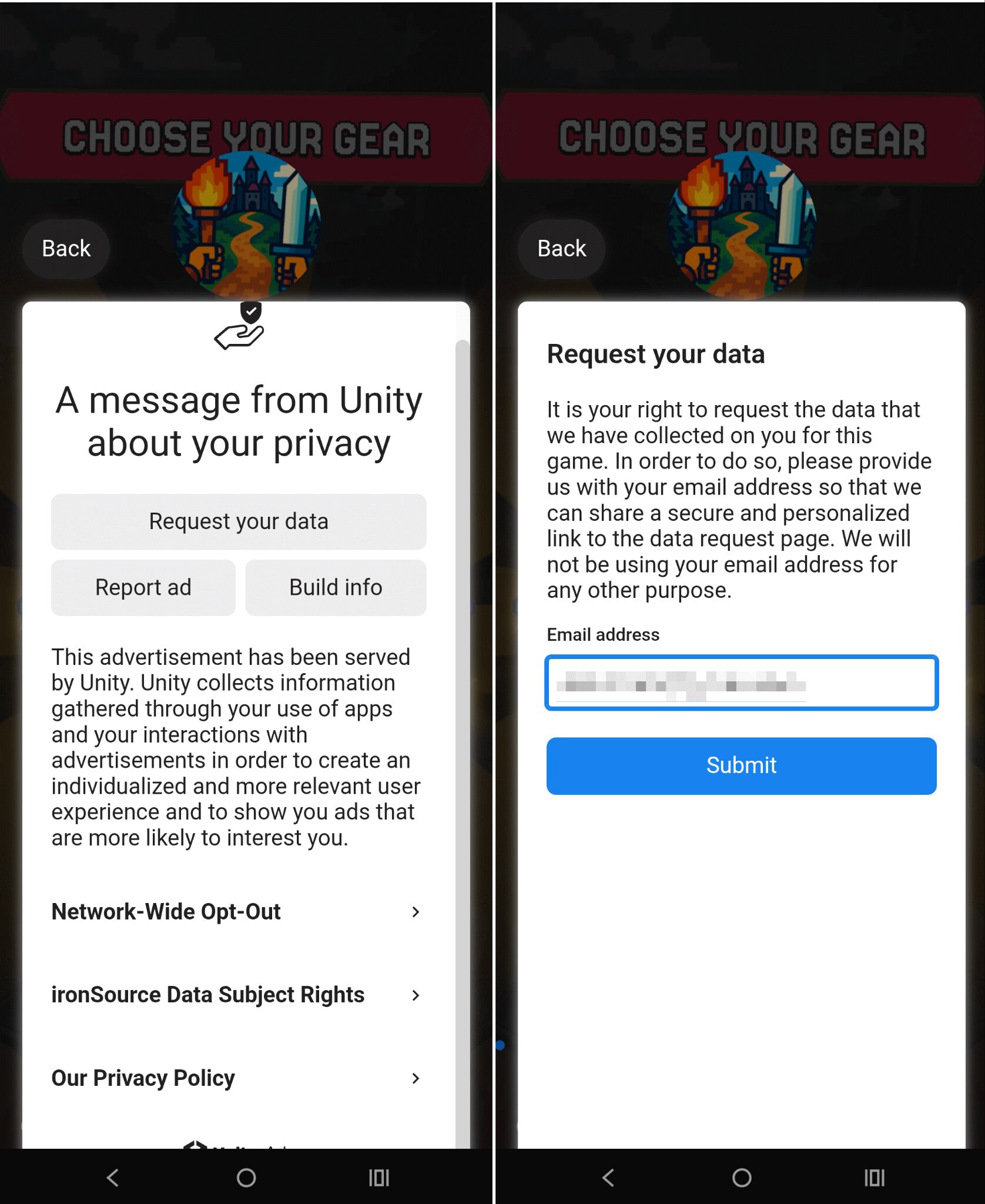 screenshot unity privacy collection pop up Screenshot from Unity about data collection in an app.