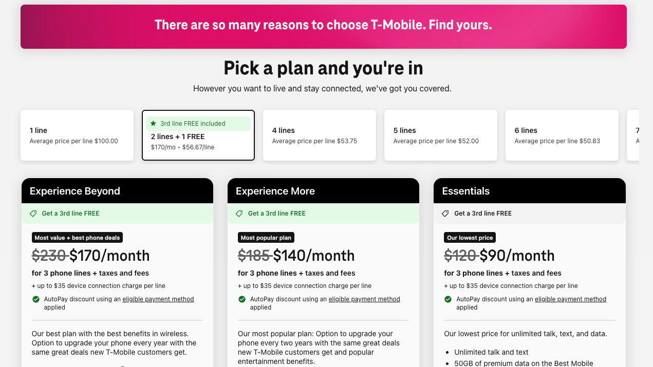 T-Mobile plans as of July 2026, as shown on the T-Mobile website.
