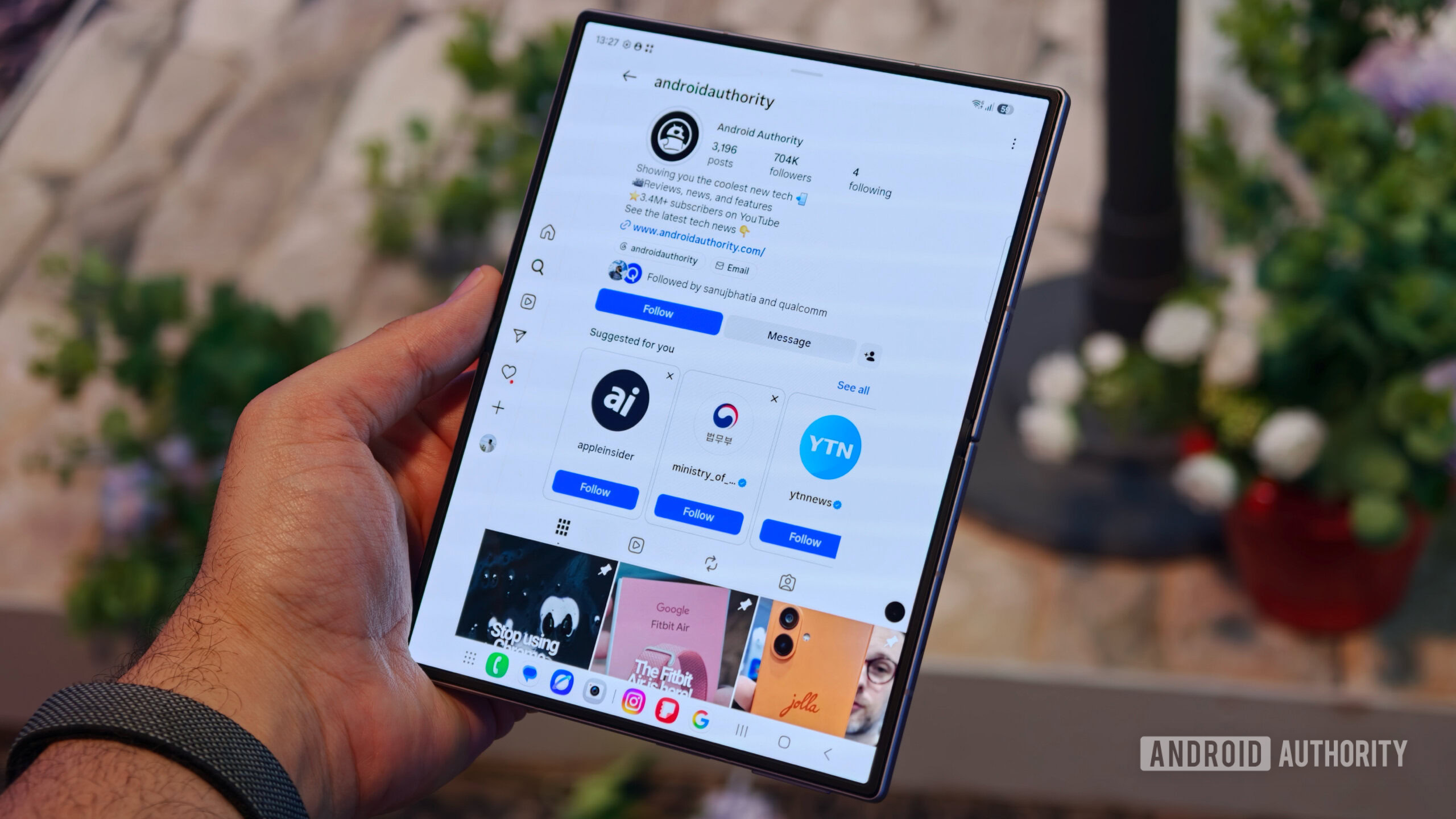 z fold 8 hands on 4 Samsung Galaxy Z Fold 8 inner display showing an Instagram profile page layout on the large folding screen