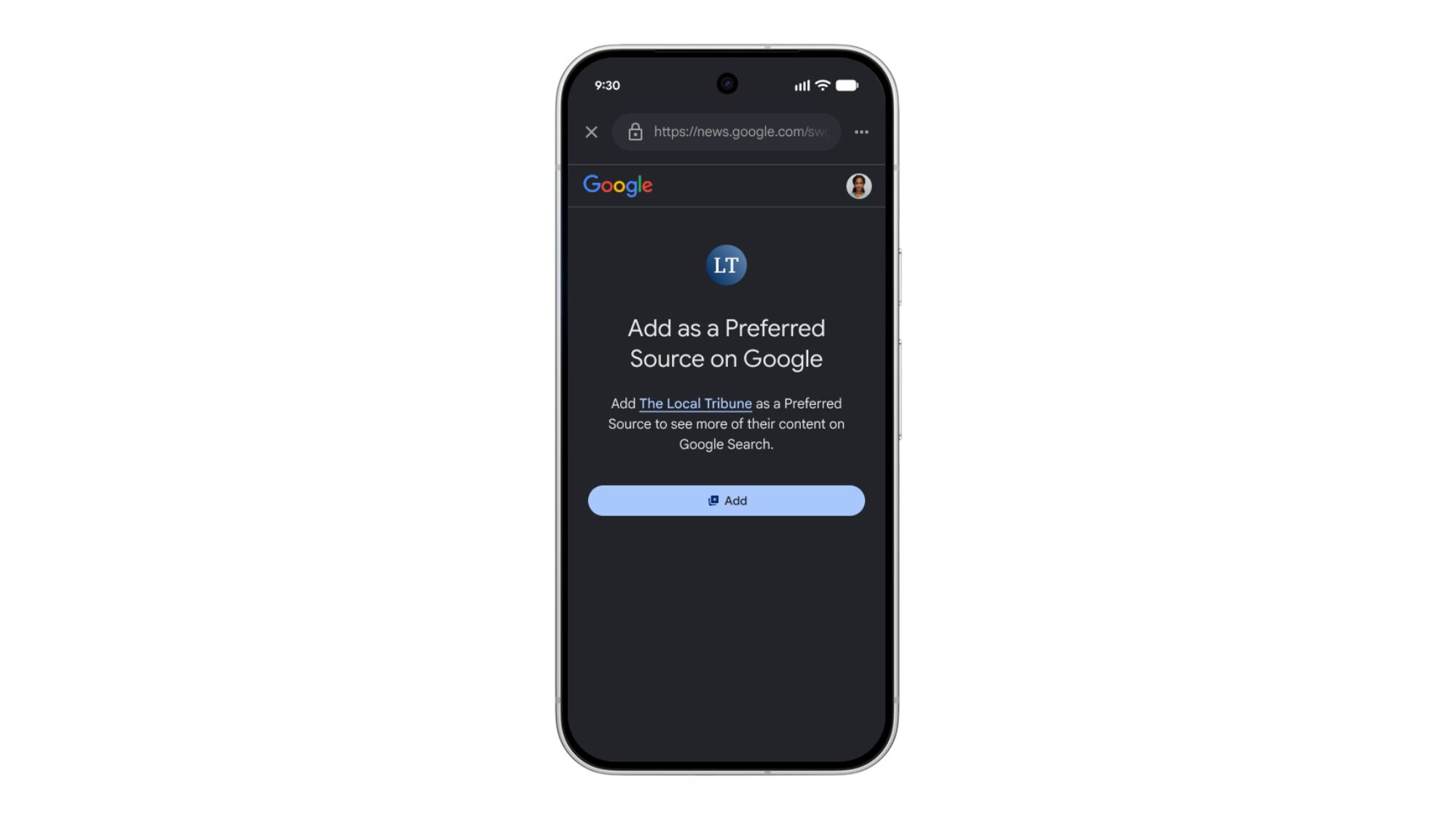 Add as a Preferred source on Google button