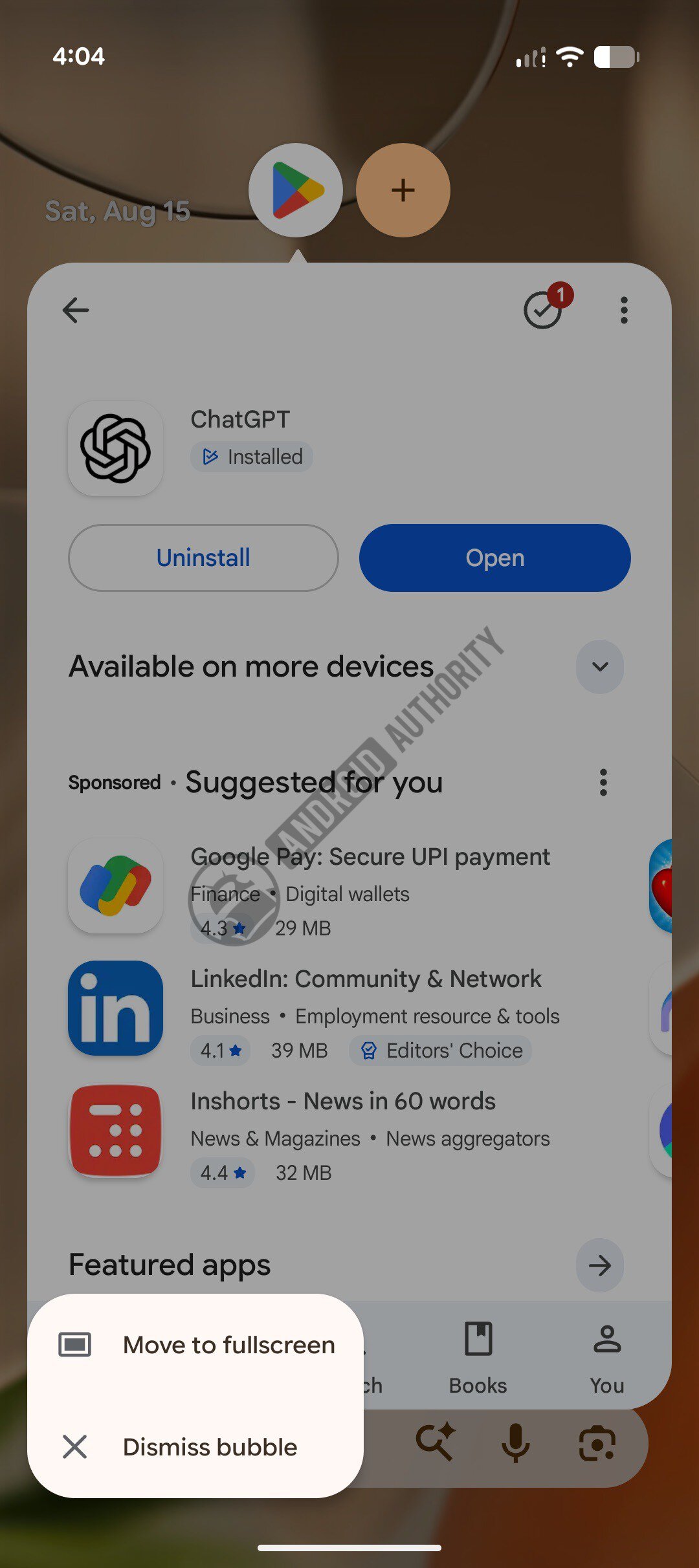 App bubbles move to full screen watermarked