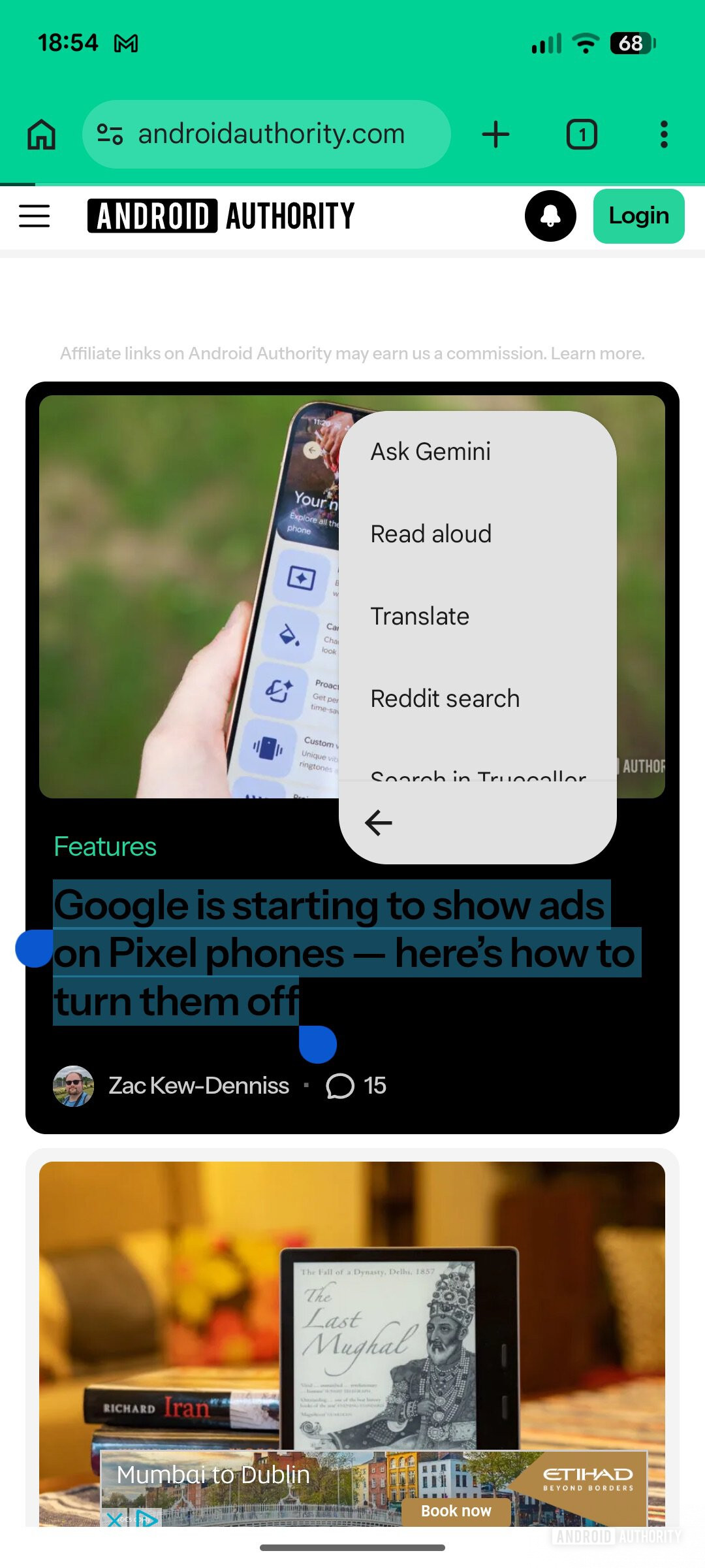 A screenshot of the Ask Gemini shortcut in Android’s context menu.