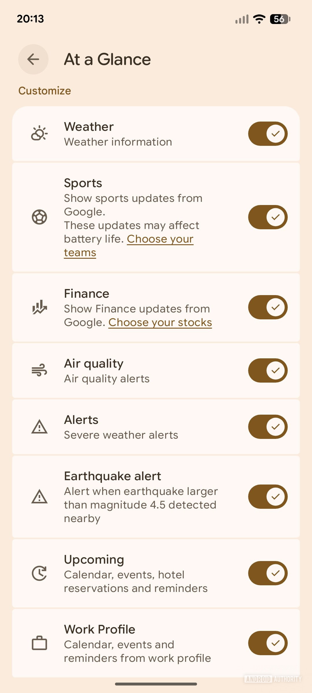A screenshot displaying the current arrangement of At a Glance toggles under the Customize section.