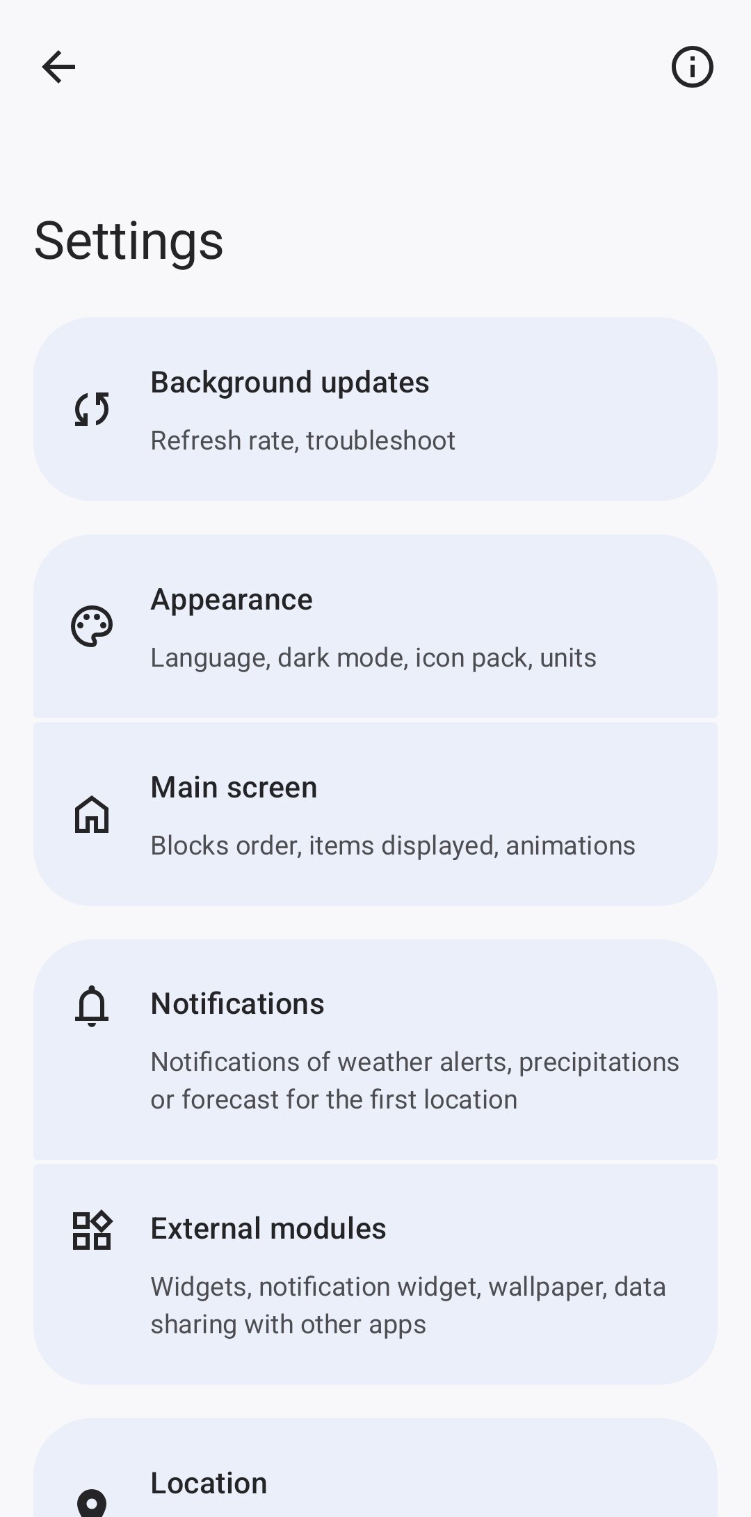 Breezy Weather app settings menu