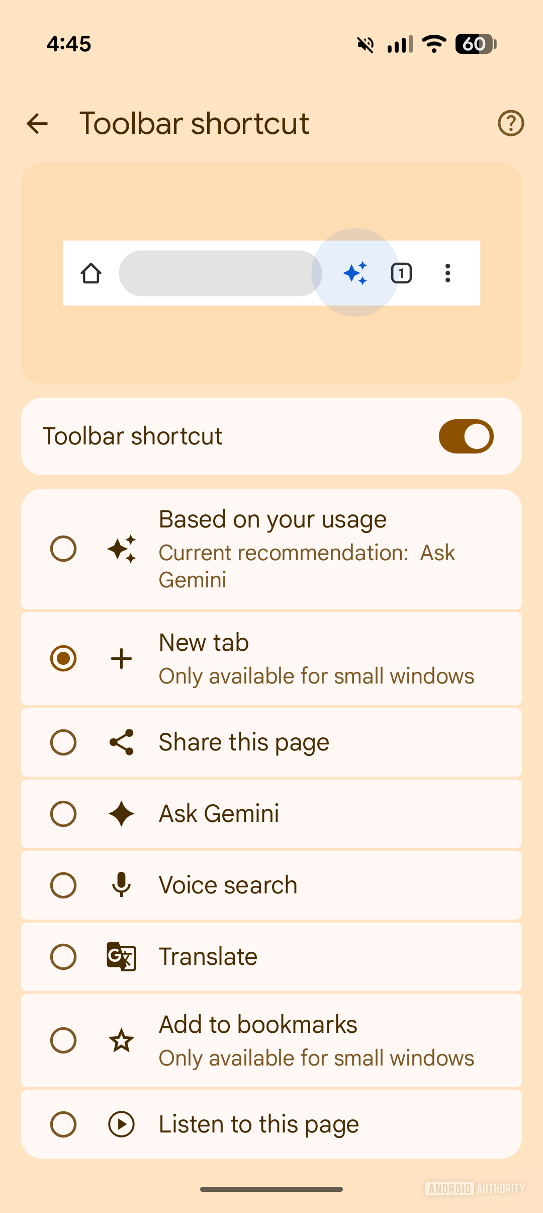 Choosing New tab instead of Ask Gemini on Chrome