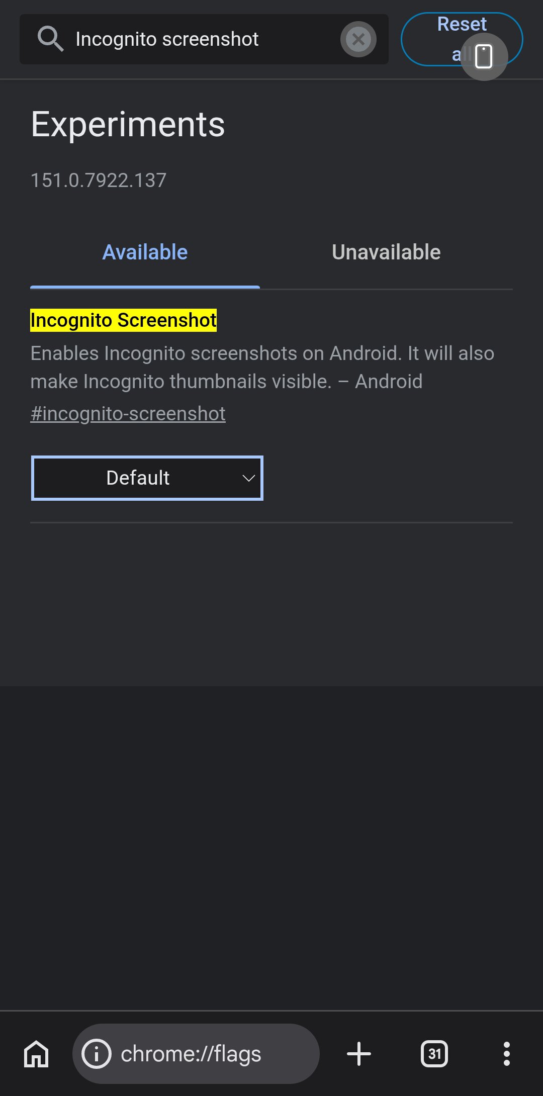Chrome on Android showing flags menu
