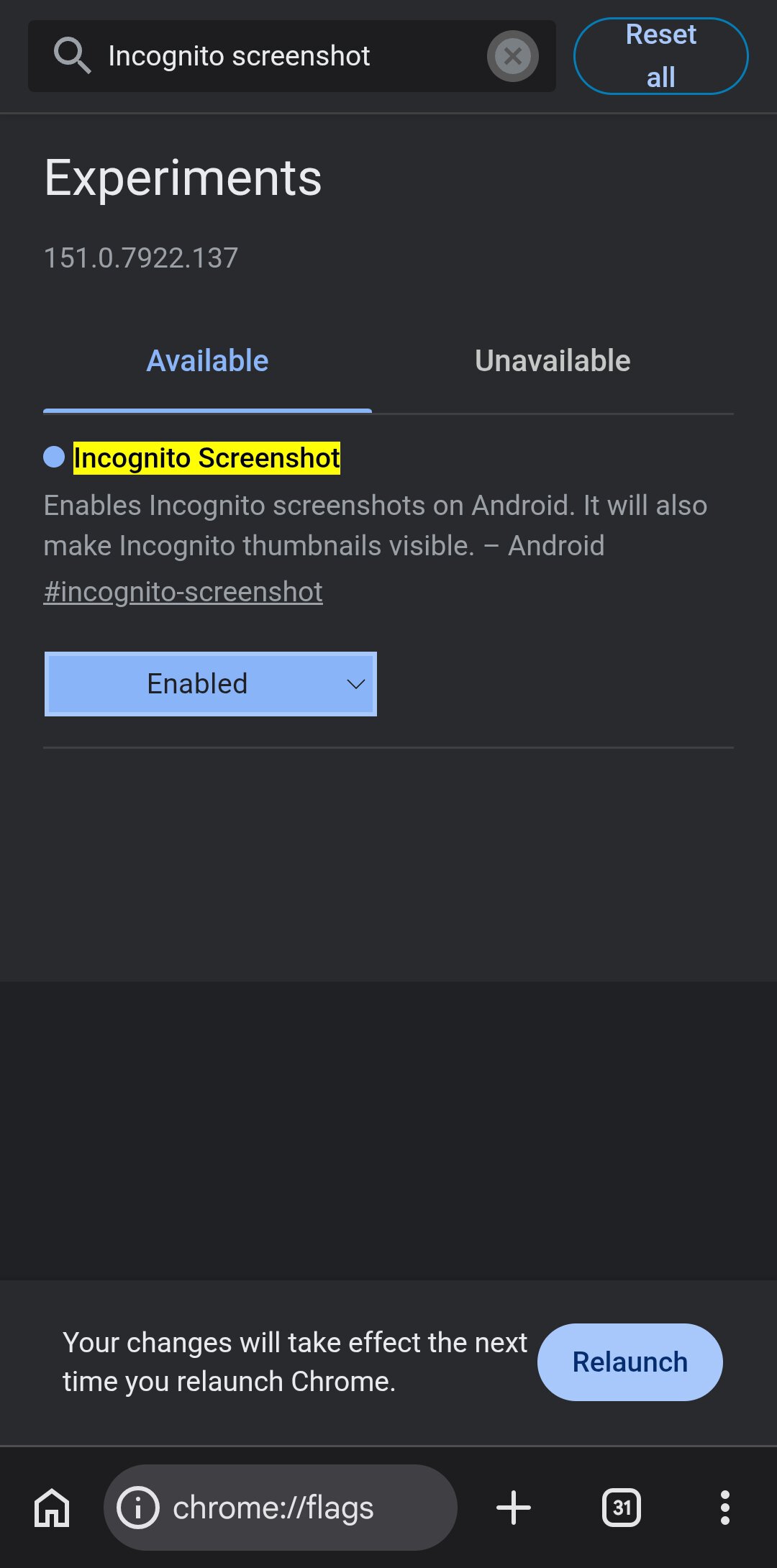 Chrome on Android showing incognito screenshot flag enabled