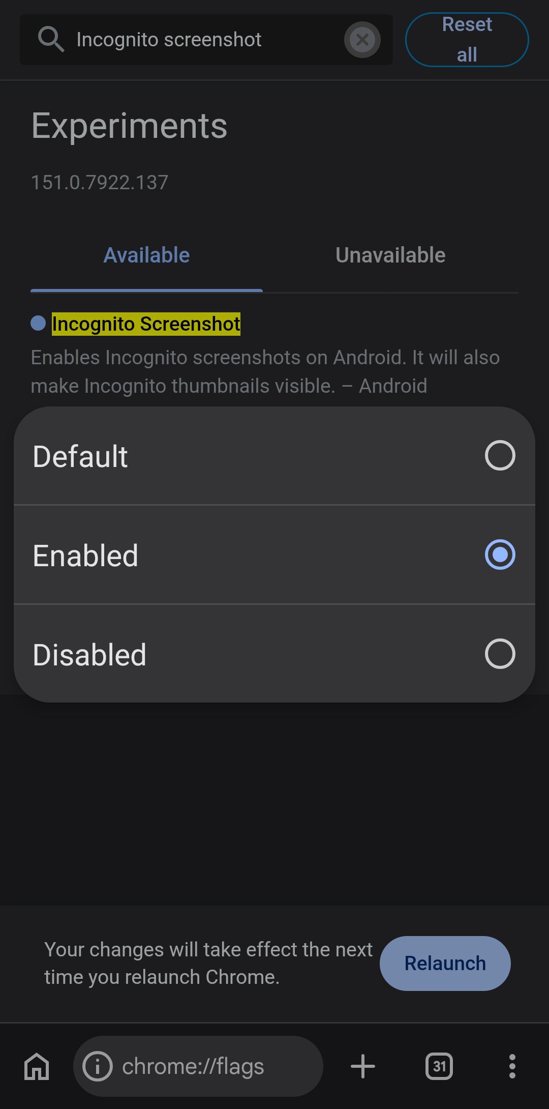 Chrome on Android showing incognito screenshot flag