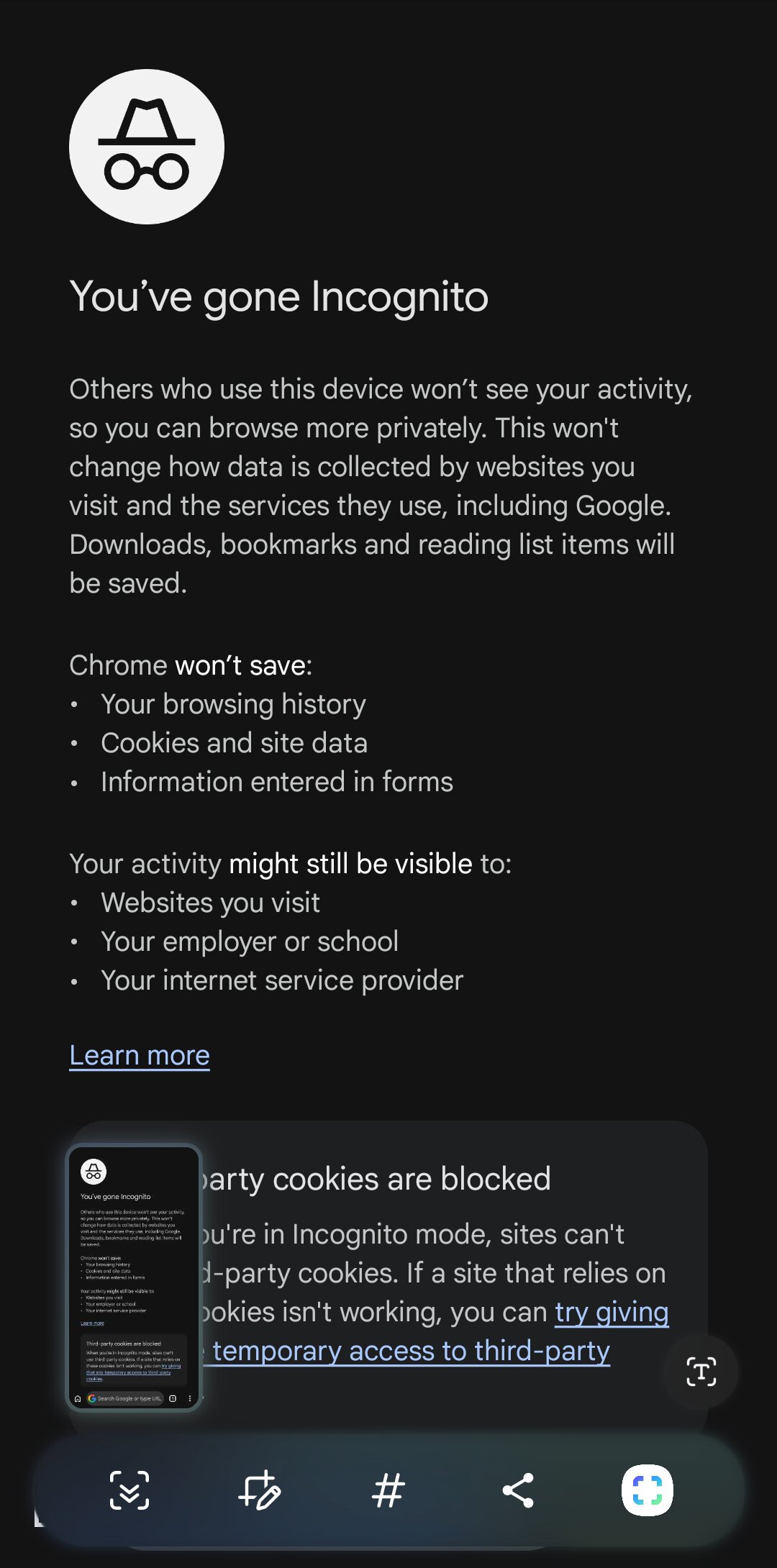 Chrome on Android showing screenshot preview in incognito