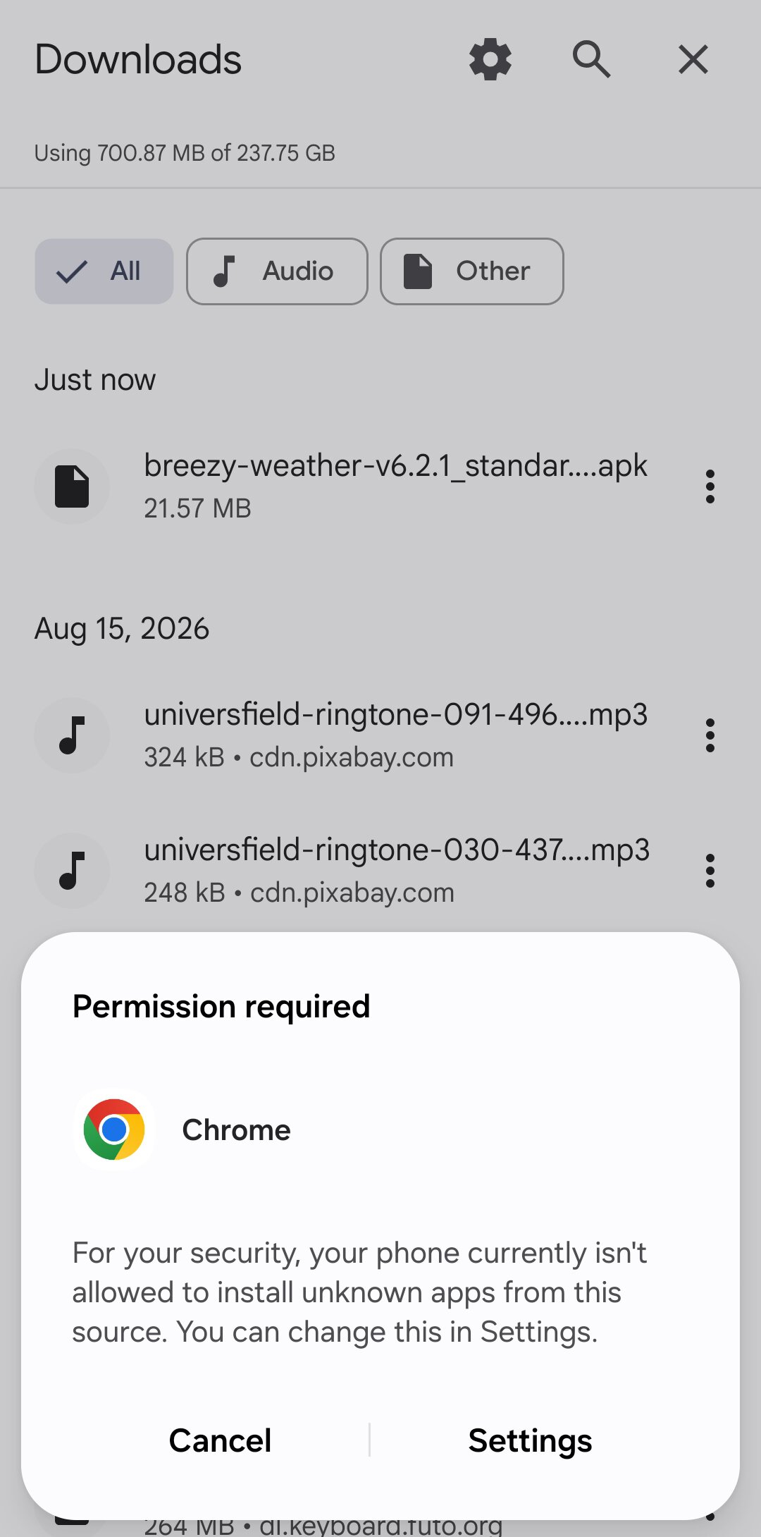 Chrome sideload apk prompt on Android