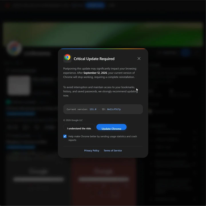 Chrome-warning-banner-asking-users-to-update-the-browser-before-September-12-2026