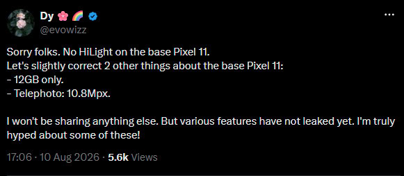 Evowizz Pixel 11 RAM camera and HiLight