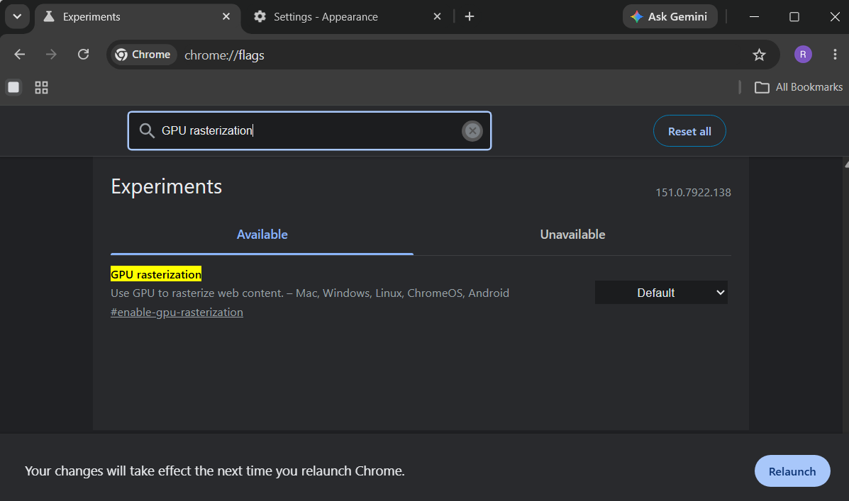 Google Chrome showing GPU rasterization flag