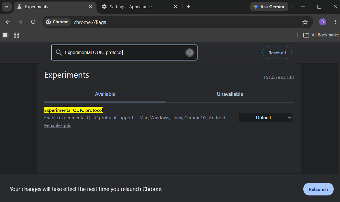 Google Chrome showing QUIC protocol flag