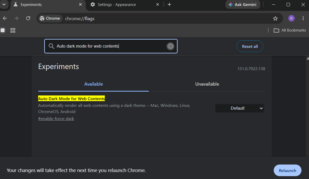 Google Chrome showing dark mode flag