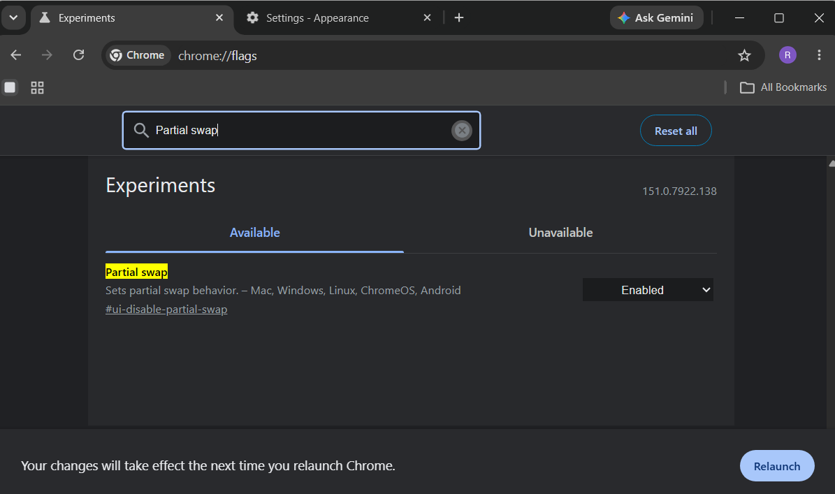 Google Chrome showing partial swap