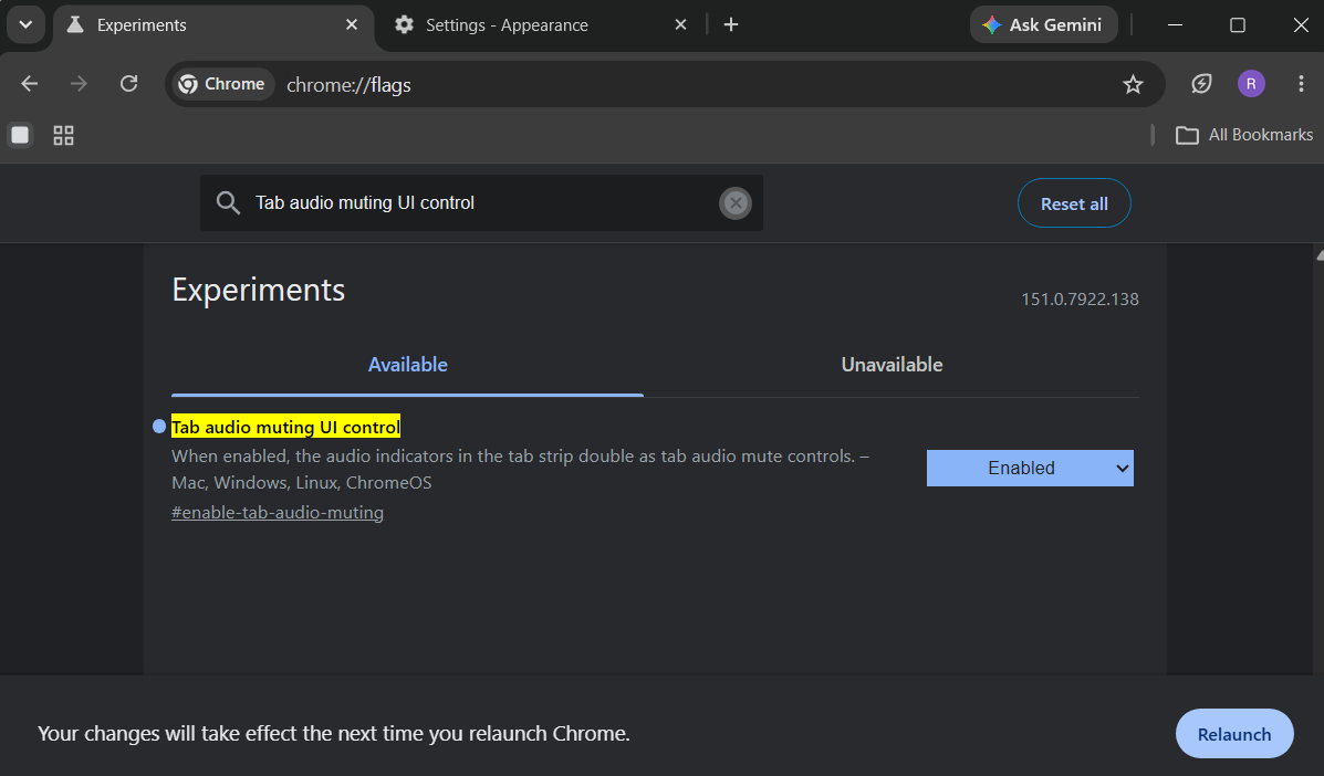 Google Chrome showing tab audio flag