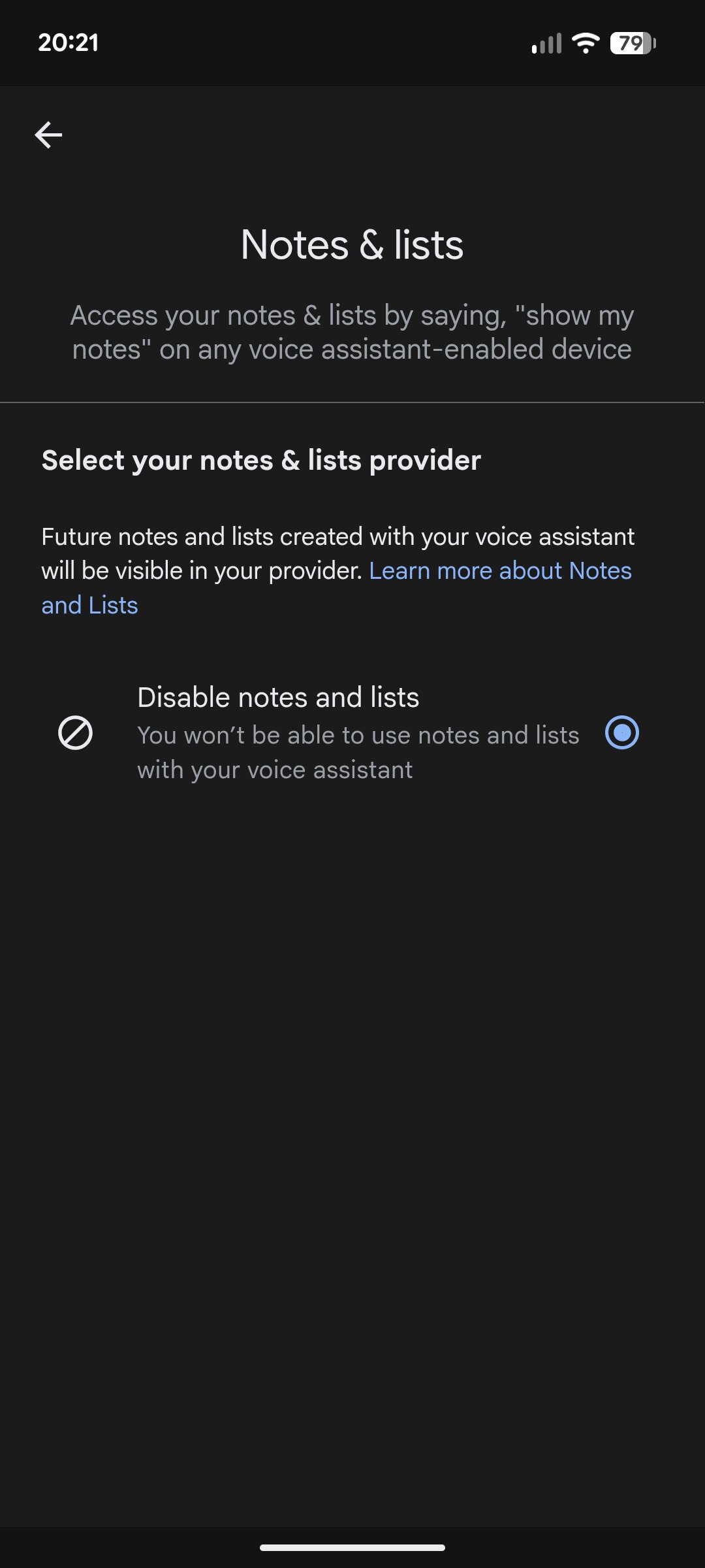 Google Home Settings Notes and Lists A screenshot of the Google Home app’s Notes & lists page within app settings