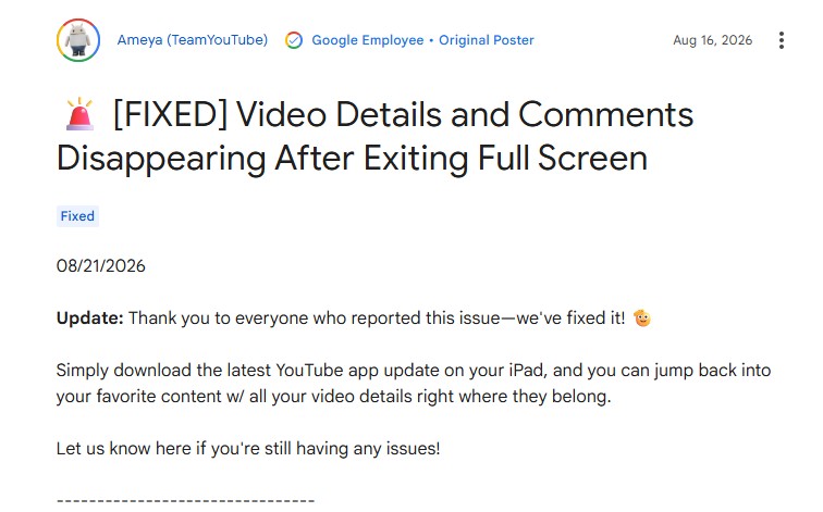 Google fixed YouTube video details and comments missing exit full screen Google-fixed-YouTube-video-details-and-comments-missing-exit-full-screen