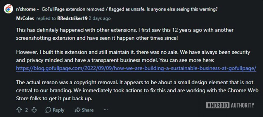 Google removed GoFullPage extension for copyright reasons Google removed GoFullPage extension for copyright reasons