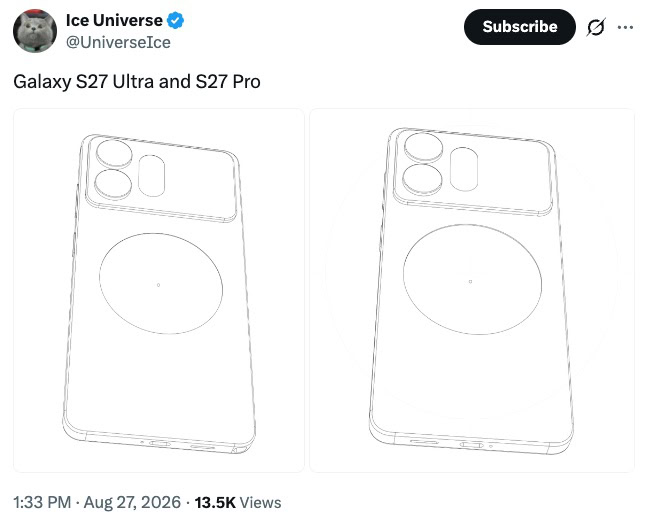Ice Universe Galaxy S27 Ultra and Galaxy S27 Pro outline render leak Ice Universe Galaxy S27 Ultra and Galaxy S27 Pro outline render leak