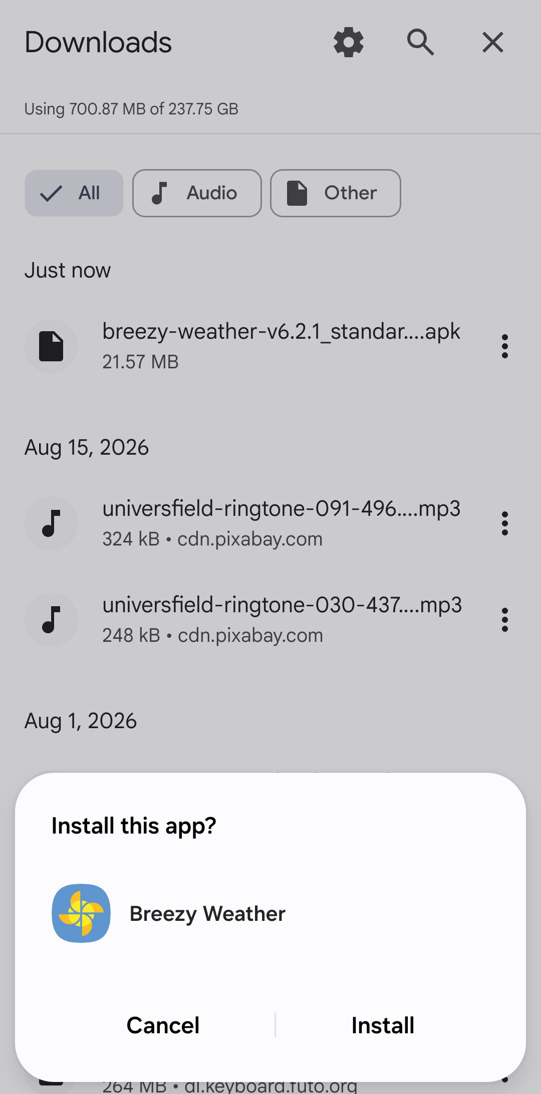 Install Breezy Weather app prompt