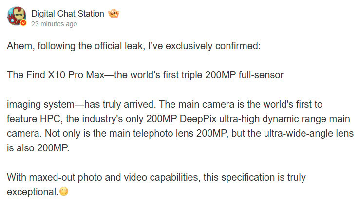 OPPO Find X10 Pro Max triple 200MP cameras Digital Chat Station
