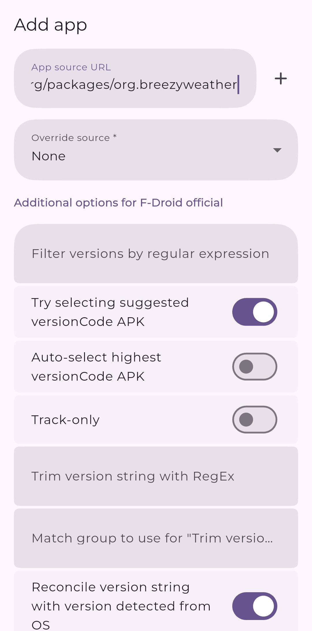 Obtainium add app option on Android