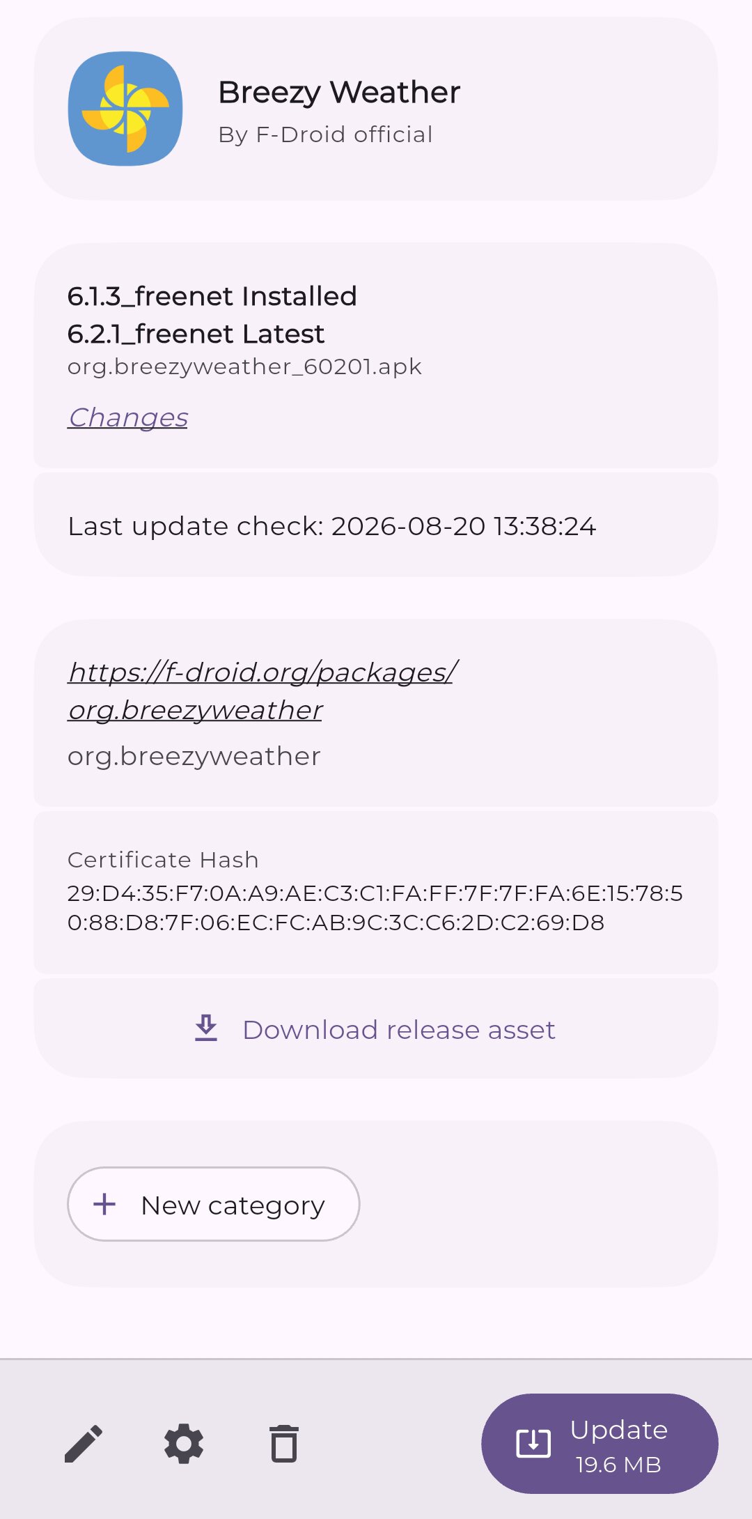 Obtainium app showing Breezy Weather update on Android