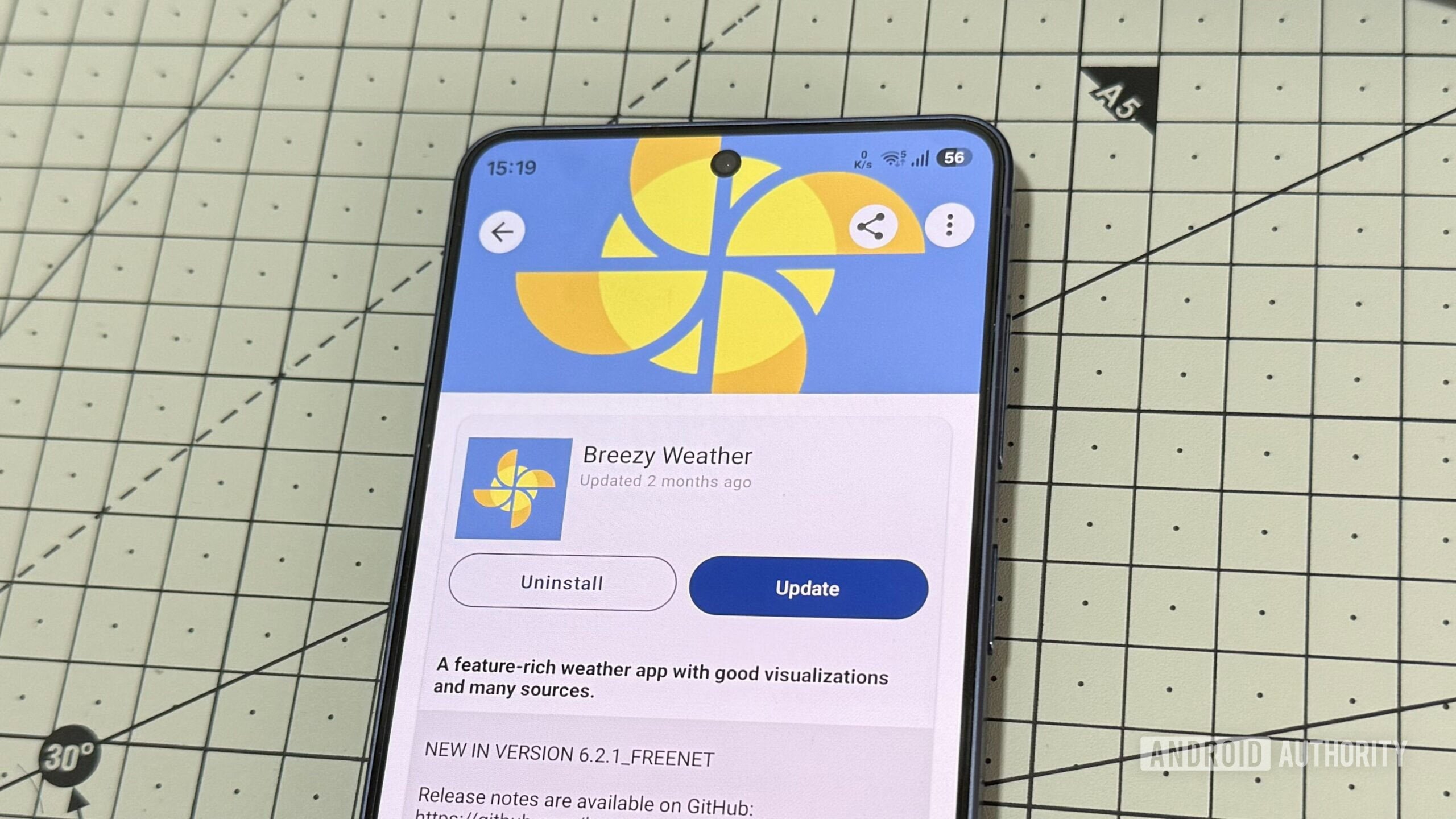 Phone showing Breezy Weather app on F Droid